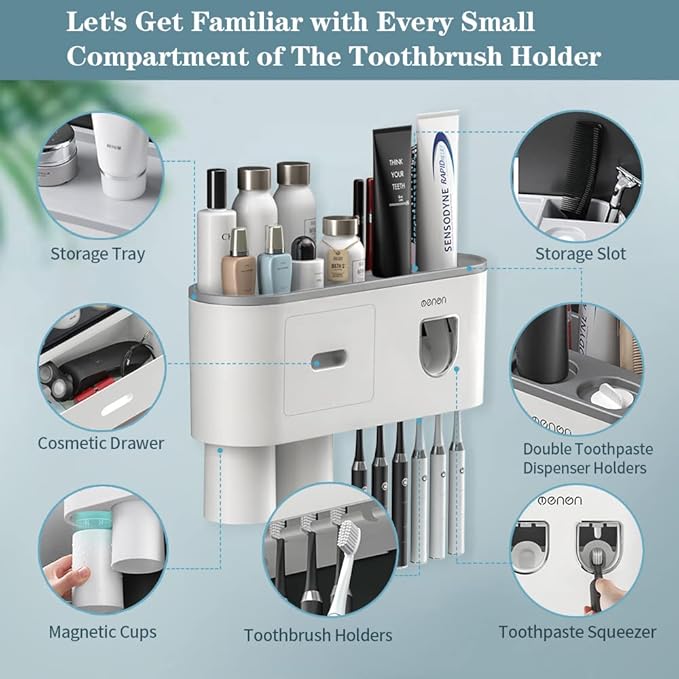 Toothbrush Holders Wall Mounted, Toothbrush Holder with Automatic Toothpaste Dispensers, 6 Brush Slots, 2 Magnetic Cups,1 Cosmetic Drawer Organizer and 1 Large Storage Tray
