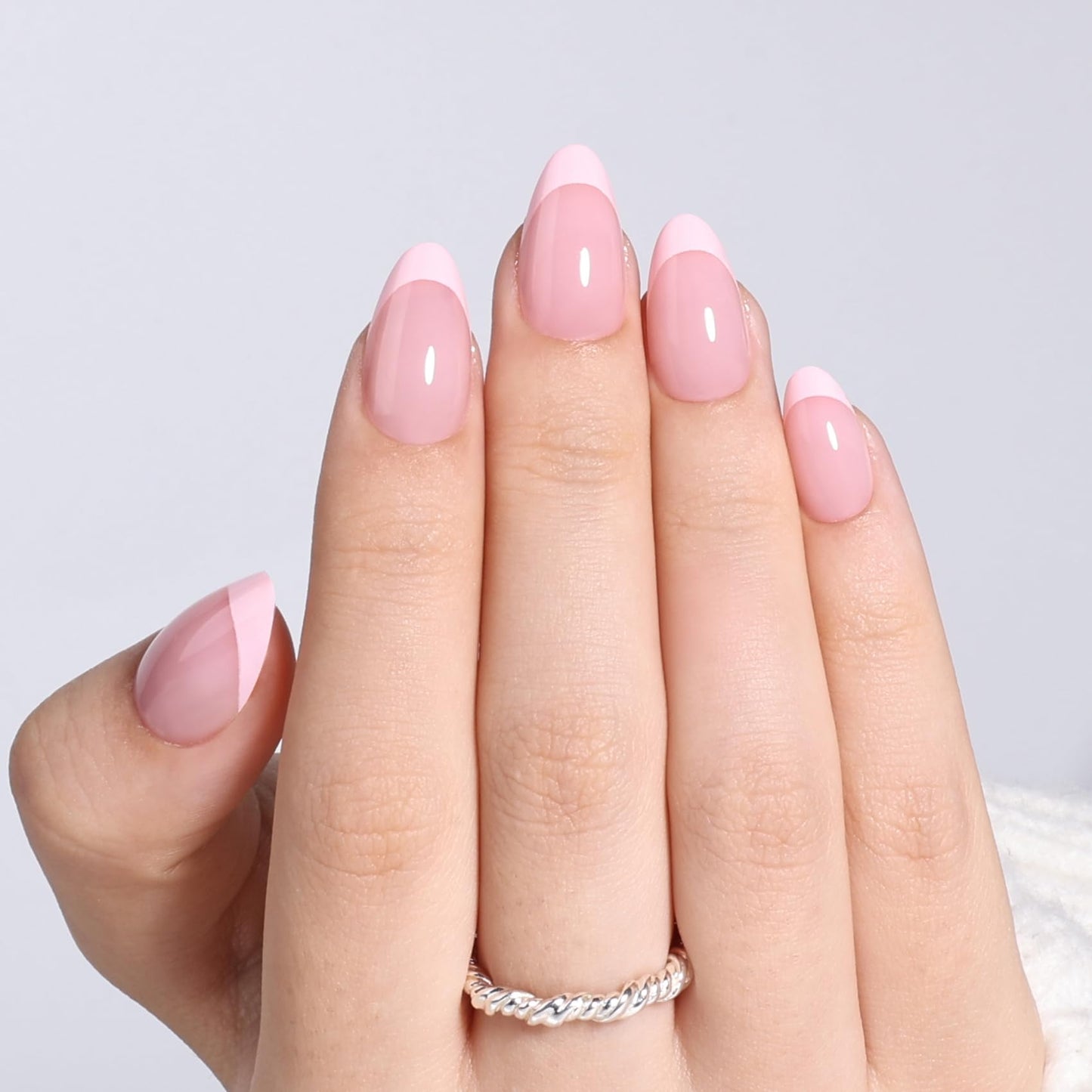 Pink French Tip Press On Nails - Short Almond Fake Nails with Nail Glue, Pink French Tip Press On Nails Reusable Stick On Nails in 16 Sizes 32 Nail Kit for Women | Salon Quality