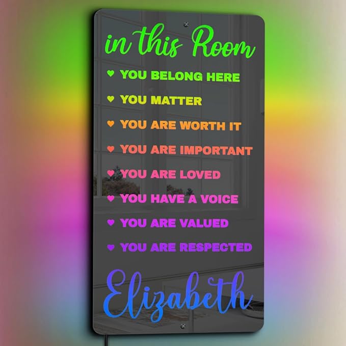 Custom Inspirational Diversity LED Light - Room Mirror - Name Light Up Sign for Wall - RGB Name Sign - Handmade Led Mirror for Bedroom