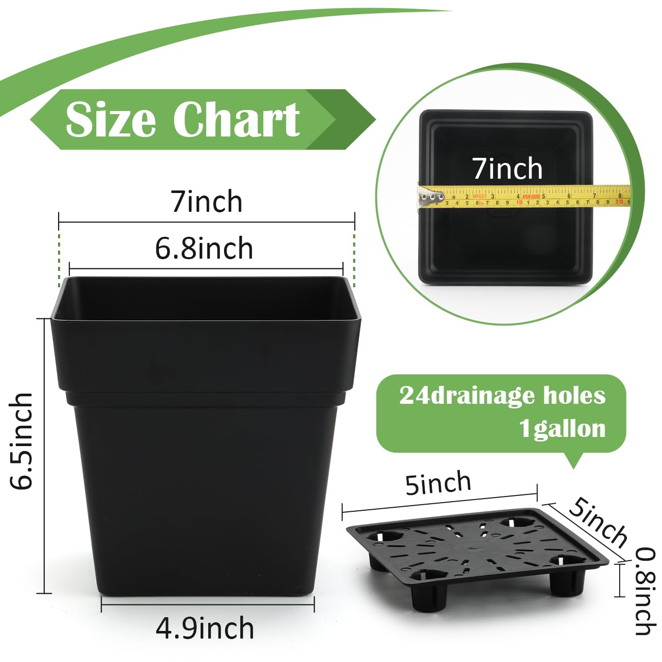 RooTrimmer 6-Pack 7'' Square Planters with Built-in Drainage Tray – Heavy-Duty Black Plastic Planter with Drainage Hole and Bottom Stopper, BPA-Free Plant Pots Matte Finish for Indoor Outdoor