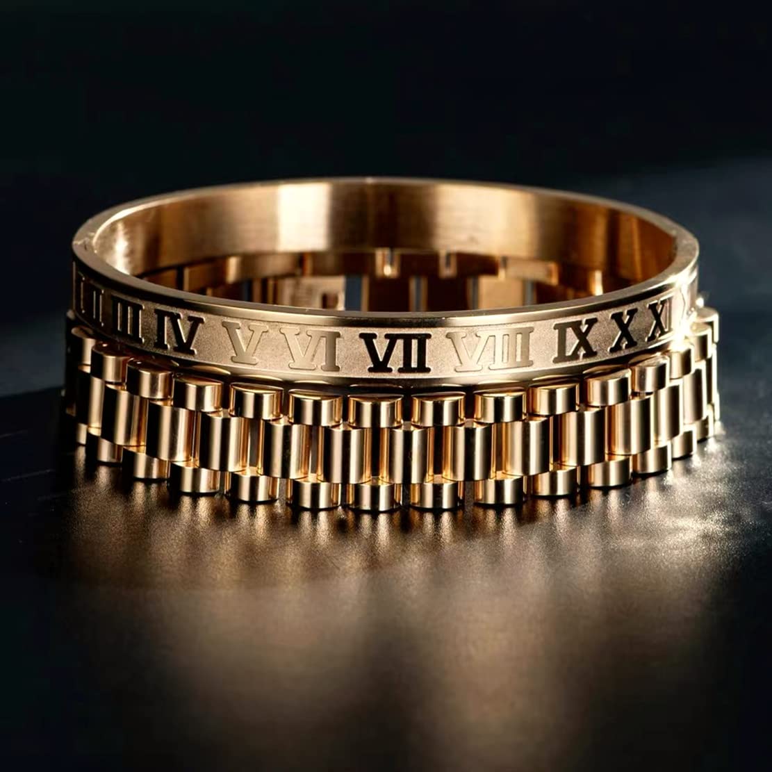 Jarlinwel Gold Silver Plated Bracelets for Men Women Roman Numeral Bangle Bracelet Stainless Steel Personalized Engraved Unisex Gift (2 Pcs Strap Bracelet)