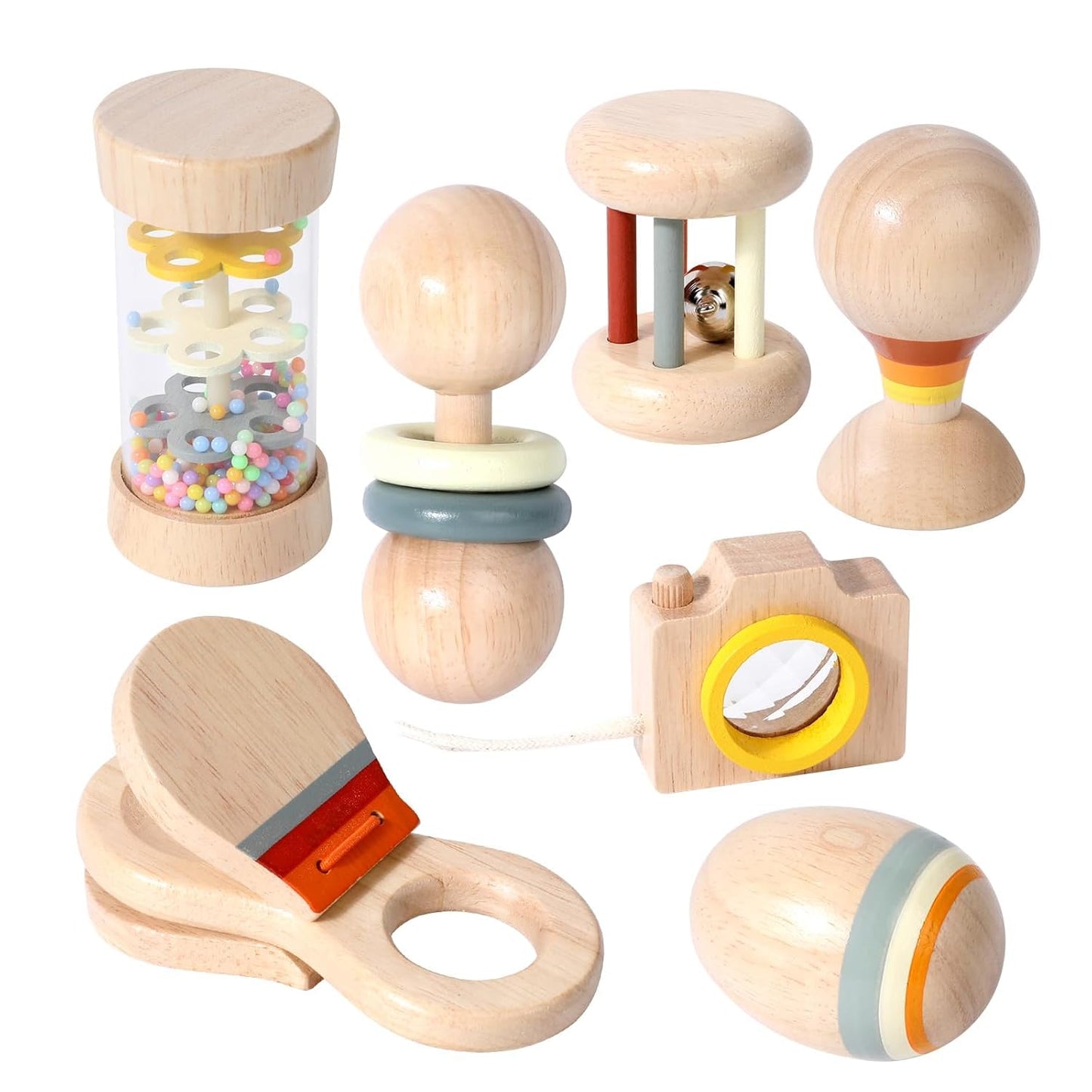 Wooden Baby Rattle Musical Set Montessori Toys for Infants 0+ Months - Rainmaker, Egg Shaker, Maracas, Ring Rattle, Bell Roller Rattle, Castanets, Kaleidoscope, Newborn Sensory Play Gift