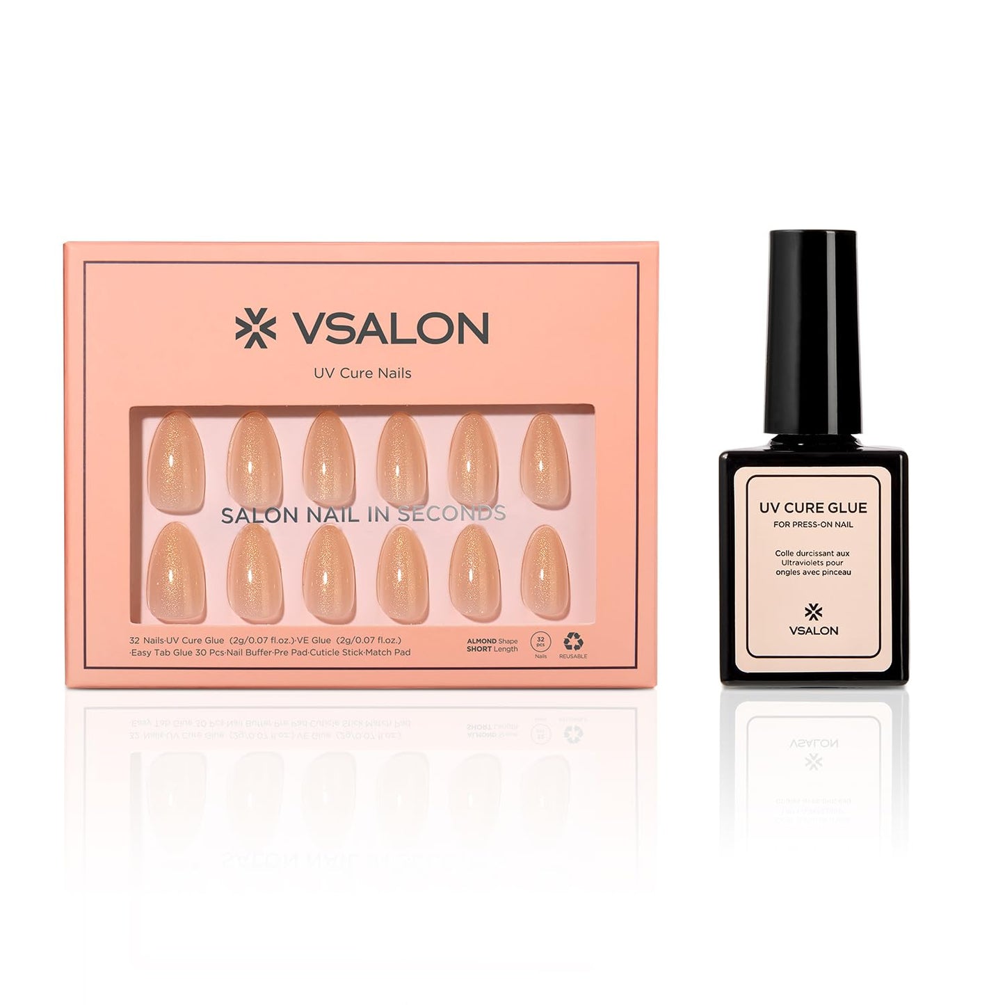 VSALON Short Almond, Gold Nude Shimmer Sparkly Press On Nails Fake Nails & UV Glue for Press On Nails