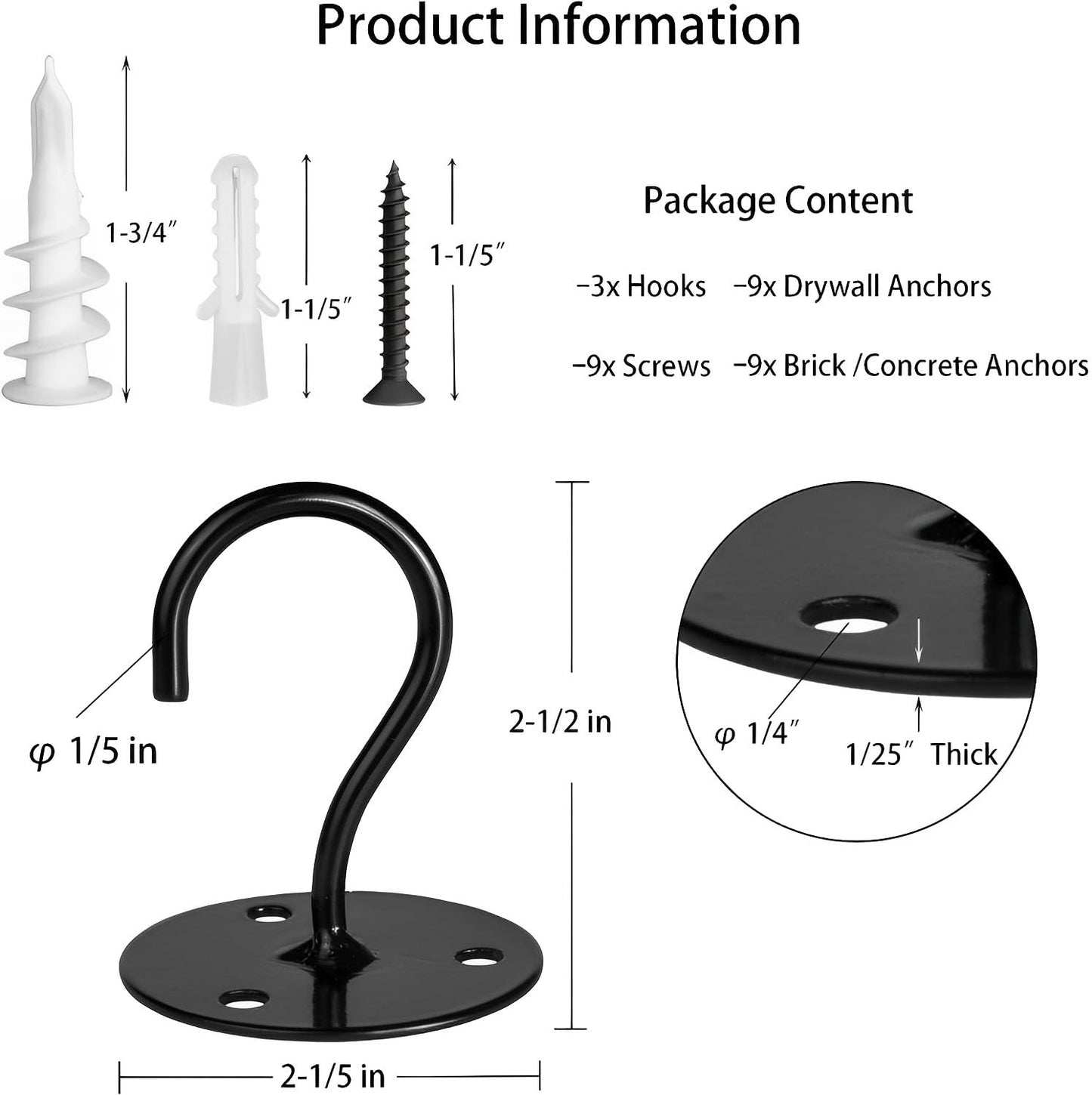 LangPu Ceiling Hooks for Hanging Plants-Heavy Duty Wall Mount Hanger Bracket for Hanging Bird Feeders, Lanterns, Wind Chimes, Planters, Outdoor Decoration (3 Pack) (Black)