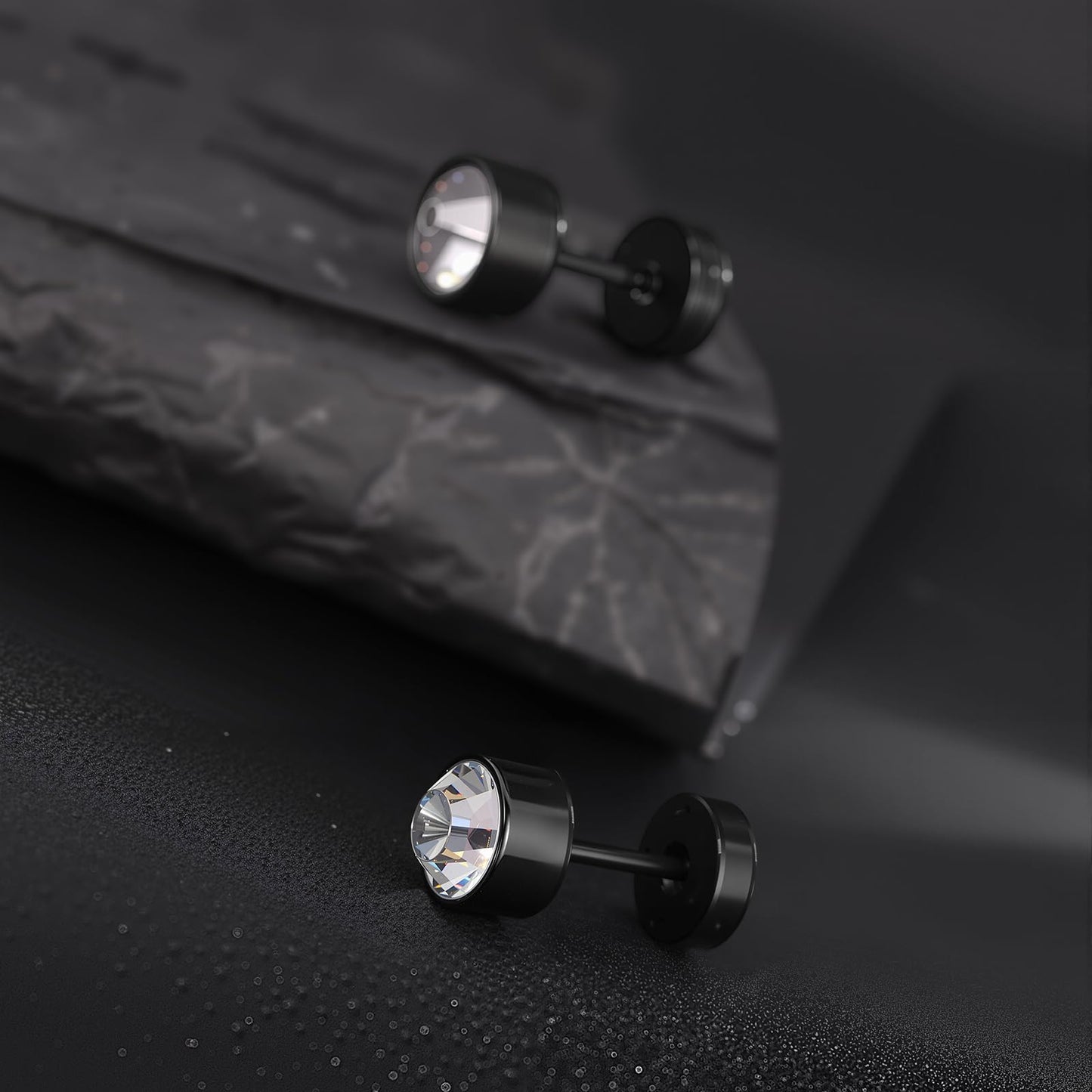 VOLUKA Stainless Steel Flat Back Stud Earrings,Hypoallergenic Titanium Black Gold Plated Cubic Zirconia Stud Earrings for Women Men