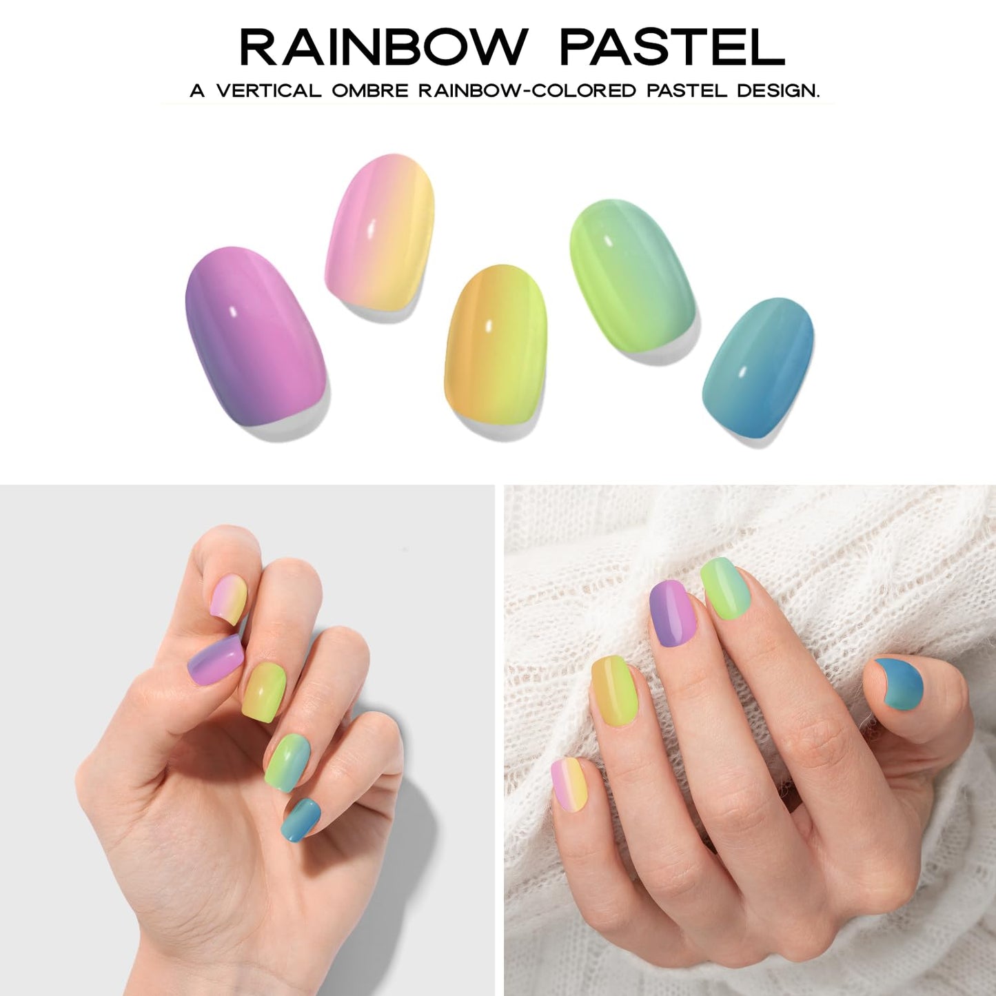 Adora Couture Semi Cured Gel Nail Strips with 30 Pieces - Salon Quality Manicure Kit for Women Easy Application Wraps Includes Prep Pads Nail File Wooden Stick, UV Light Required (M Rainbow)