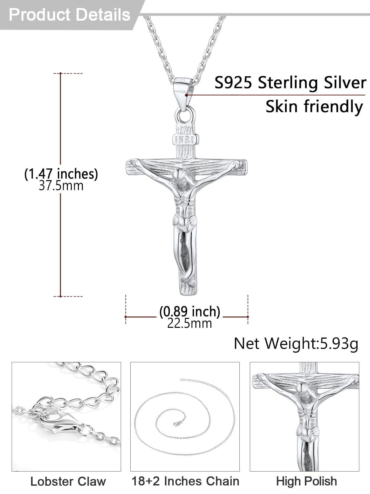 U7 Crucifix Cross Necklace 925 Sterling Silver Crucifix Necklace Cross Pendant for Women Men