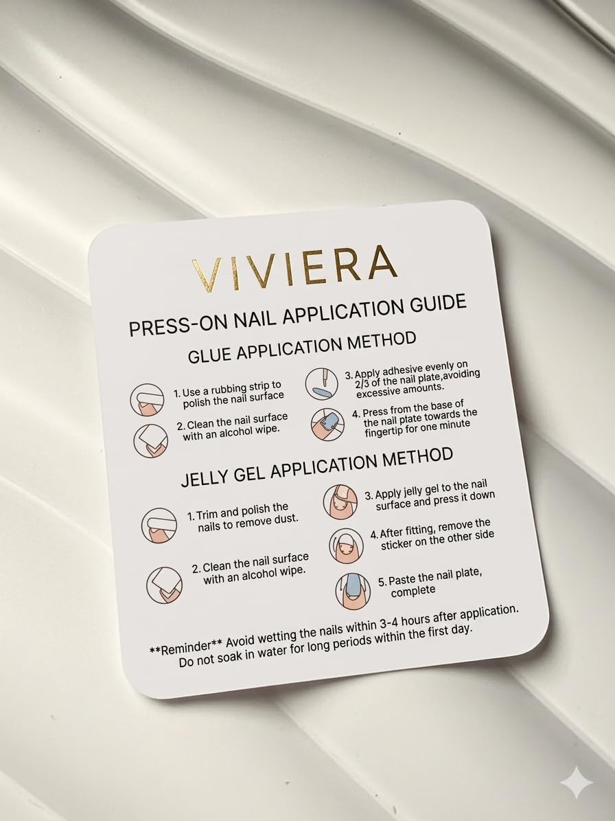 Viviera Press-On Nails, Nude Almond Shape with White French Tip and Gold Accent, 12 Handmade Pieces, Includes Manicure Kit