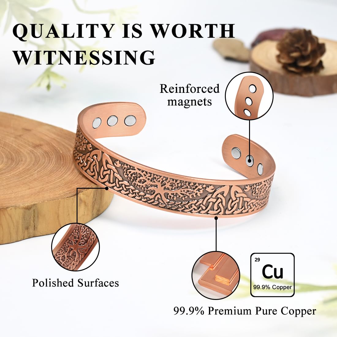 Vicmag Copper Magnetic Bracelet for Men Magnetic Bracelets 9X Ultra Strength Magnets Tree of Life Pattern Adjustable 99.9% Solid Pure Copper Present