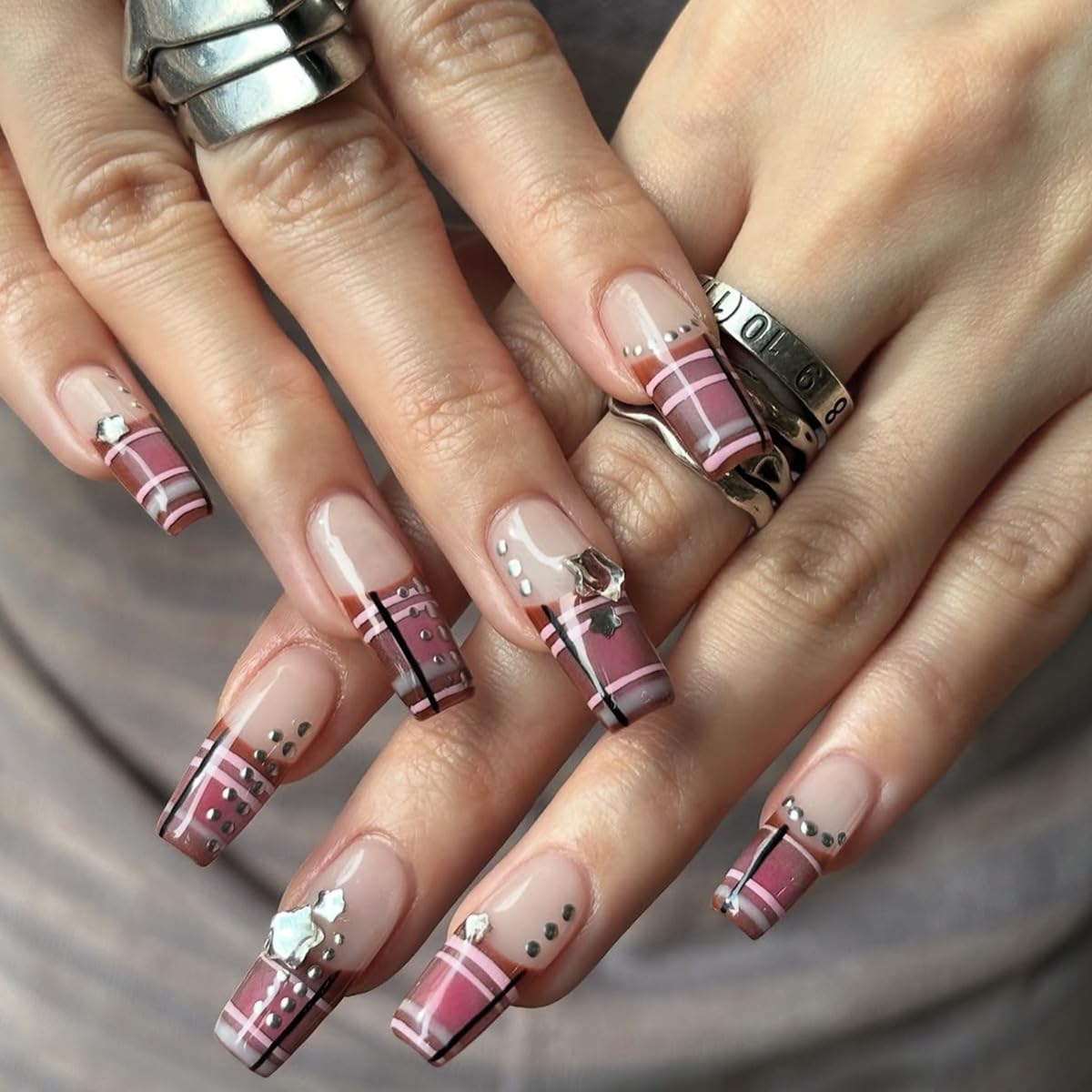 plalely Square Press on Nails Long Purple Fake Nail Acrylic Nail Press ons Stripes Stick on Nails for Women 24pcs