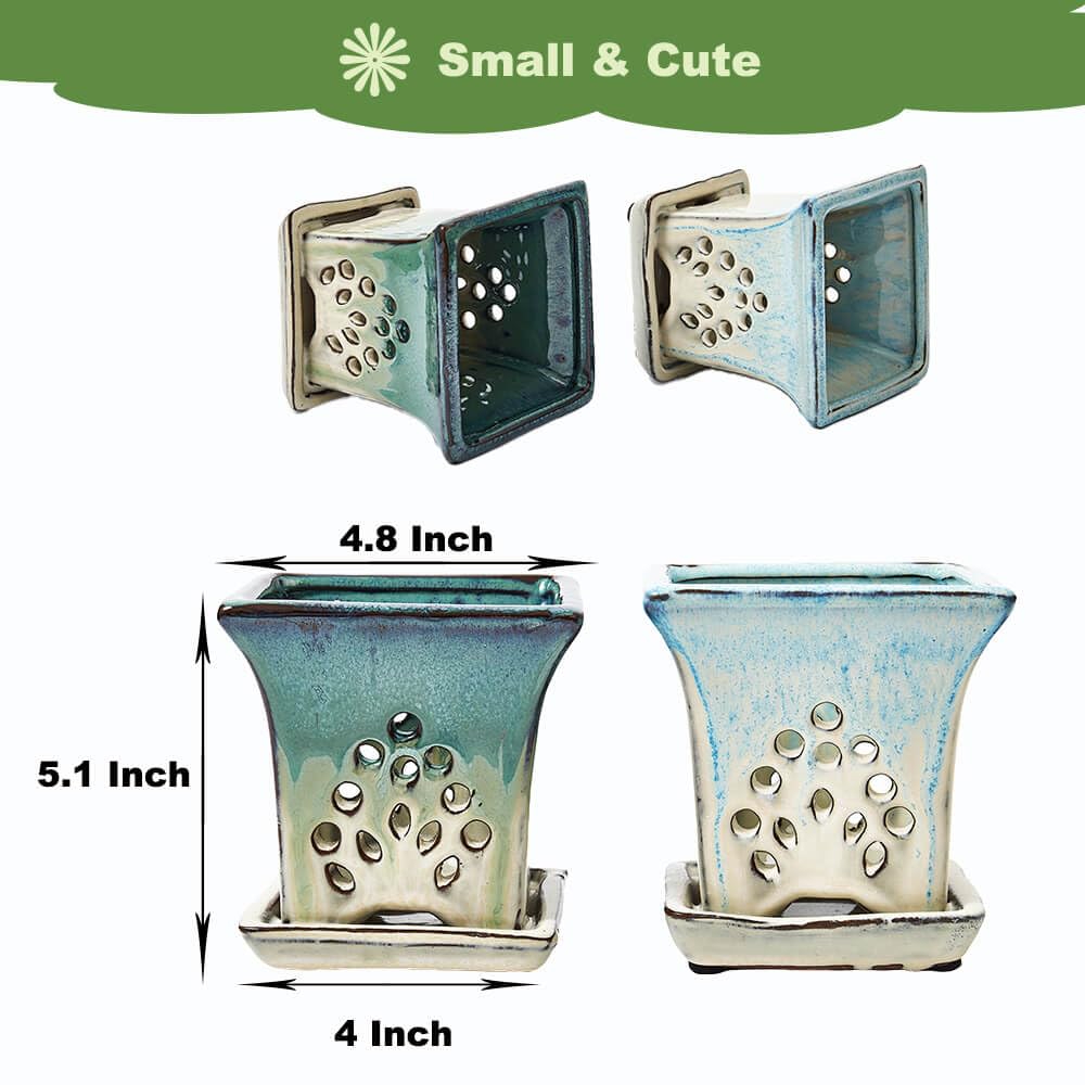 Ceramic Orchid Pots with Holes attached Saucers 4.8 Inches - Set of 2 Small Square Orchid Pots for Repotting, Decorative Ceramic Orchid Planter with Hole for Healthy Root Growth Green Blue Mixed
