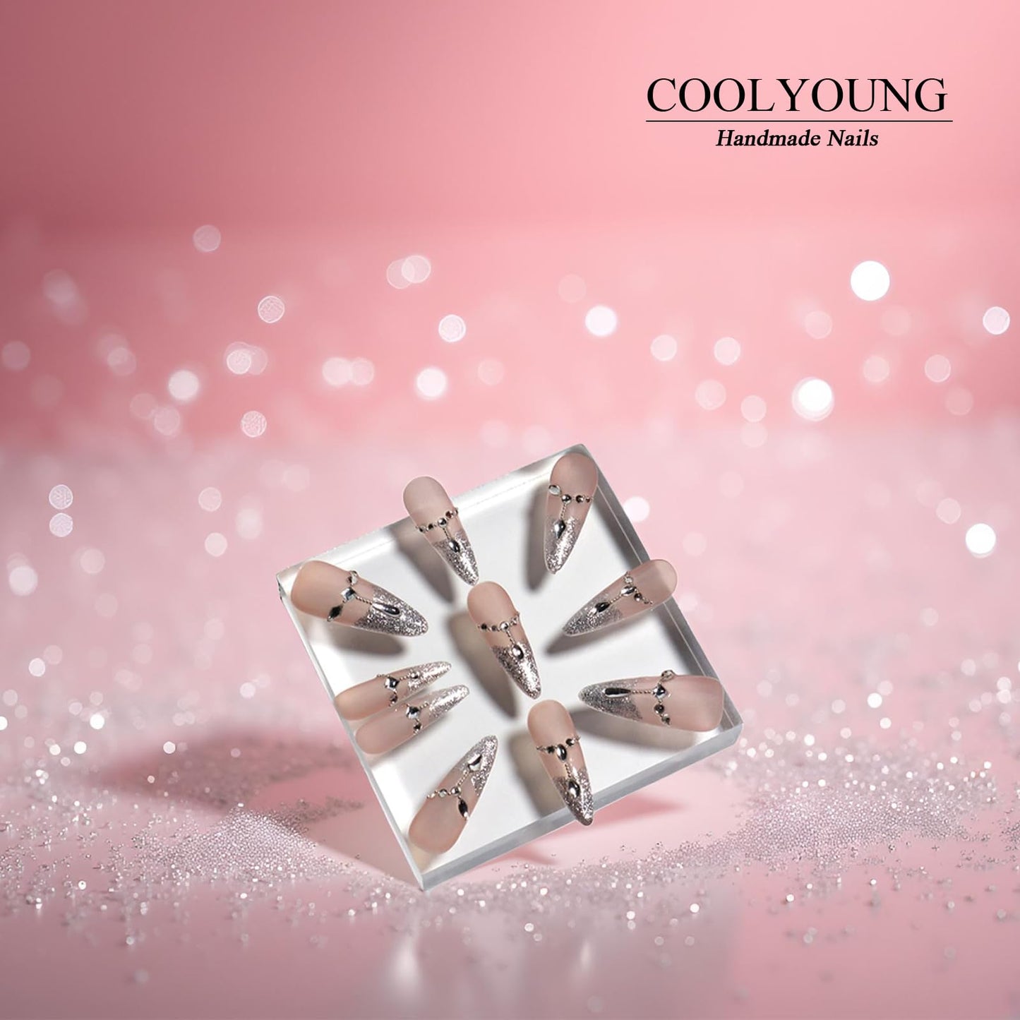 Handmade Acrylic Press On Nails 3D Nails French Press On Nails Glitter Press On Nails Elegant Press On Nails Birthday Gifts For Women COOLYOUNG Nails, 10 PCS, Size S