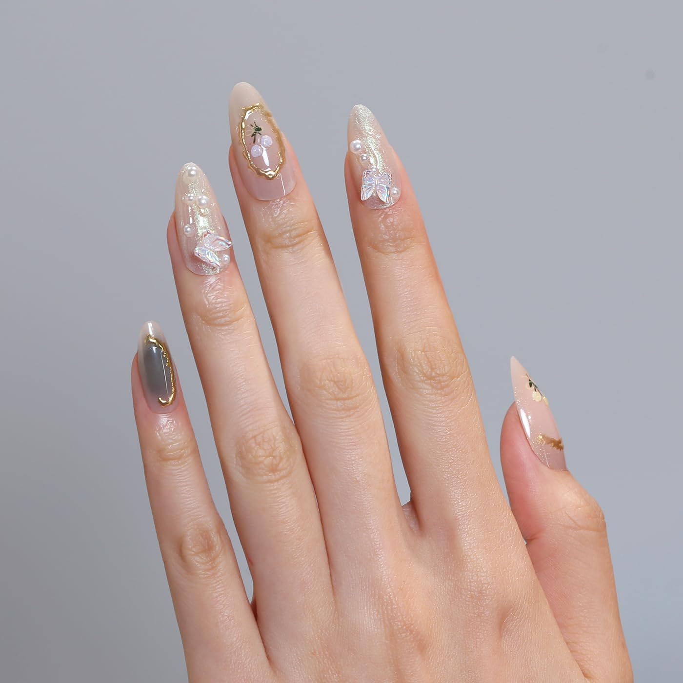Goolich Medium Almond Chrome Gold Line Press On Nails, 3D Bead Butterfly Charms Decoration Nails Press ons Set with Adhesive Tabs, 24 Pcs 12 Size Reusable Full Cover Glue on Nails for Women