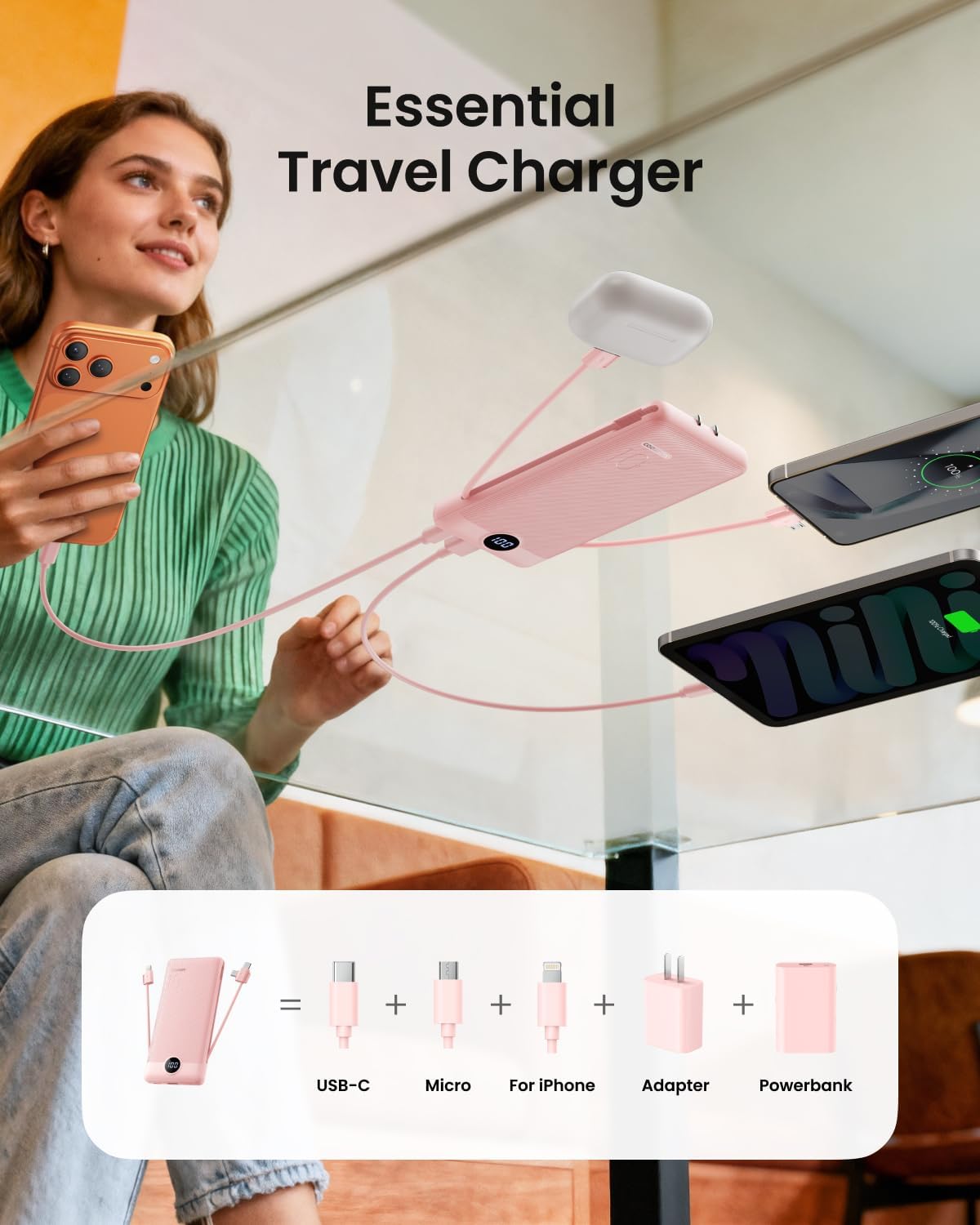 Coowisty Portable Charger Built-in Cables and Wall Plug, 10000mAh Slim USB C Power Bank, LED Display External Battery Pack Compatible with iPhone/Android & More (Pink)