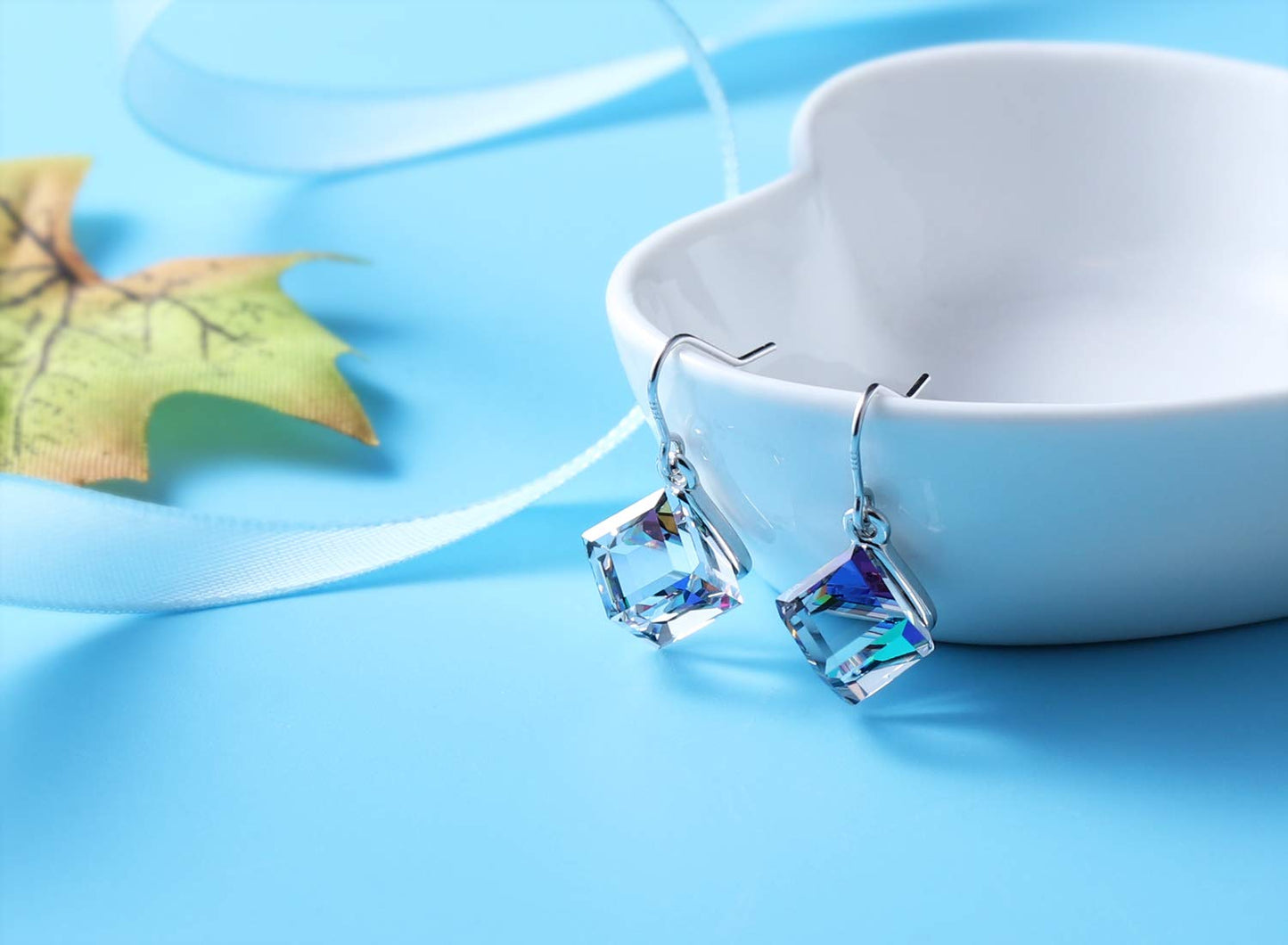 PLATO H S925 Sterling Silver Rainbow Cube Earrings Crystals for Women with Exquisite Unique Gift Box Dainty Jewelry Anniversary Unique Gift for Mother's Day