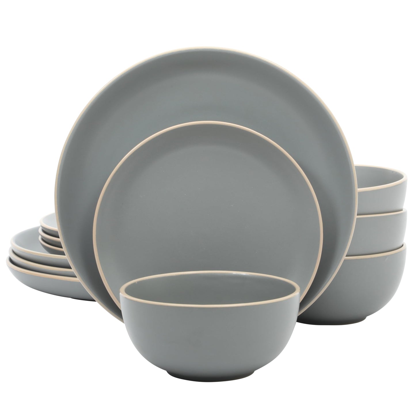 Gibson Home Rockaway 12-Piece Stoneware Dinnerware Set, Matte Finish, Service for 4, Modern Ceramic Plates and Bowls, Microwave & Dishwasher Safe – Soft Gray - Service for 4