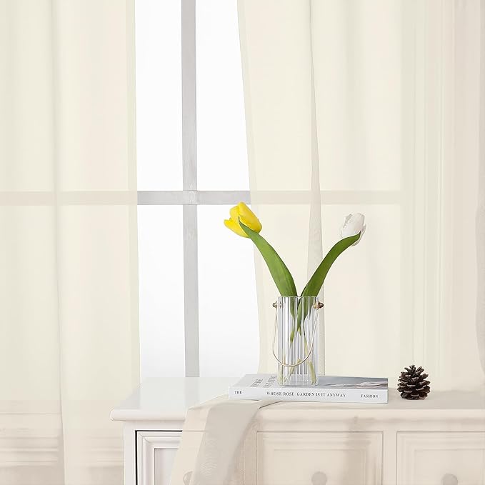 Lecloud Cream Sheer Curtains 50 Inch Length 2 Pcs, Rod Pocket Light Filtering Voile Rustic Farmhouse Bedroom Curtains, Airy Solid Window Drapes for Bathroom Basement, Each Panel 42" W x 50" L