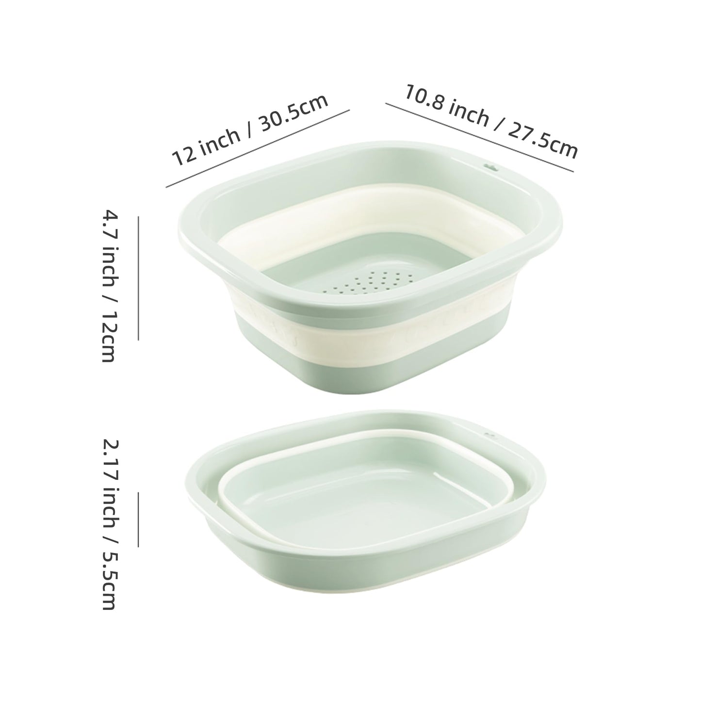 Cemome Collapsible Dish Basin with Colander, Foldable 2-in-1 Dish Pan and Strainer Set with Drain Holes, Portable Wash Basin for Kitchen Sink, Camping, Travel & RV (Green)