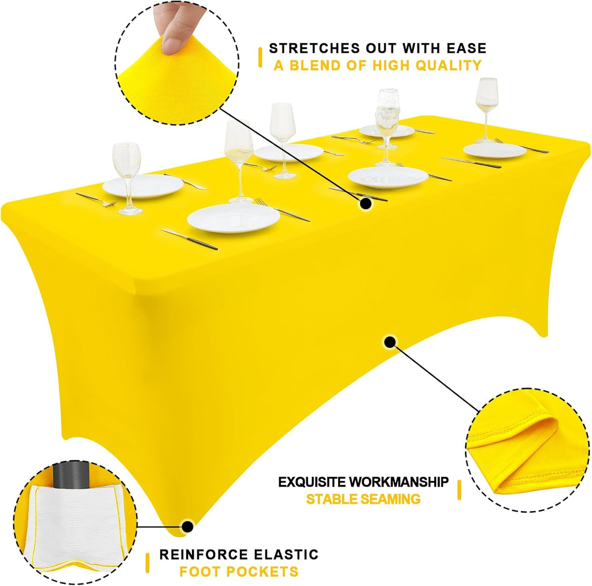 Smiry 2 Pack Spandex Table Cloth 5FT, Elastic Fitted Stretch Tablecloths for Rectangle Tables, Washable Table Cover for Outdoor, Wedding, Banquet & Parties (Yellow, 60Lx30Wx30H Inch)