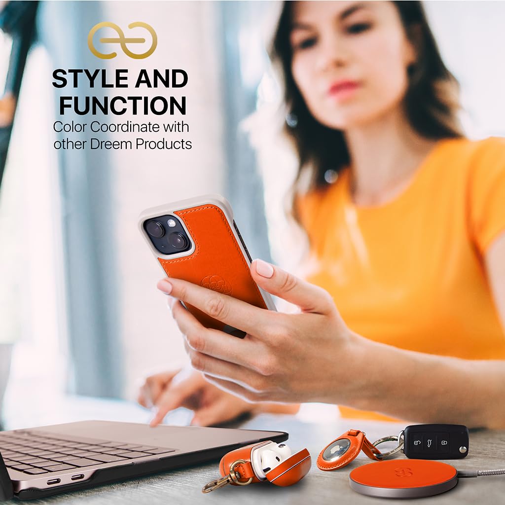 Dreem Wallet Case for iPhone 14 Plus, 2 Way Phone Stand, Magnetic Detachable Vegan Leather Flip Cover RFID Blocking Card Holder, MagSafe-Fit, Gift Box [Fibonacci: Orange]
