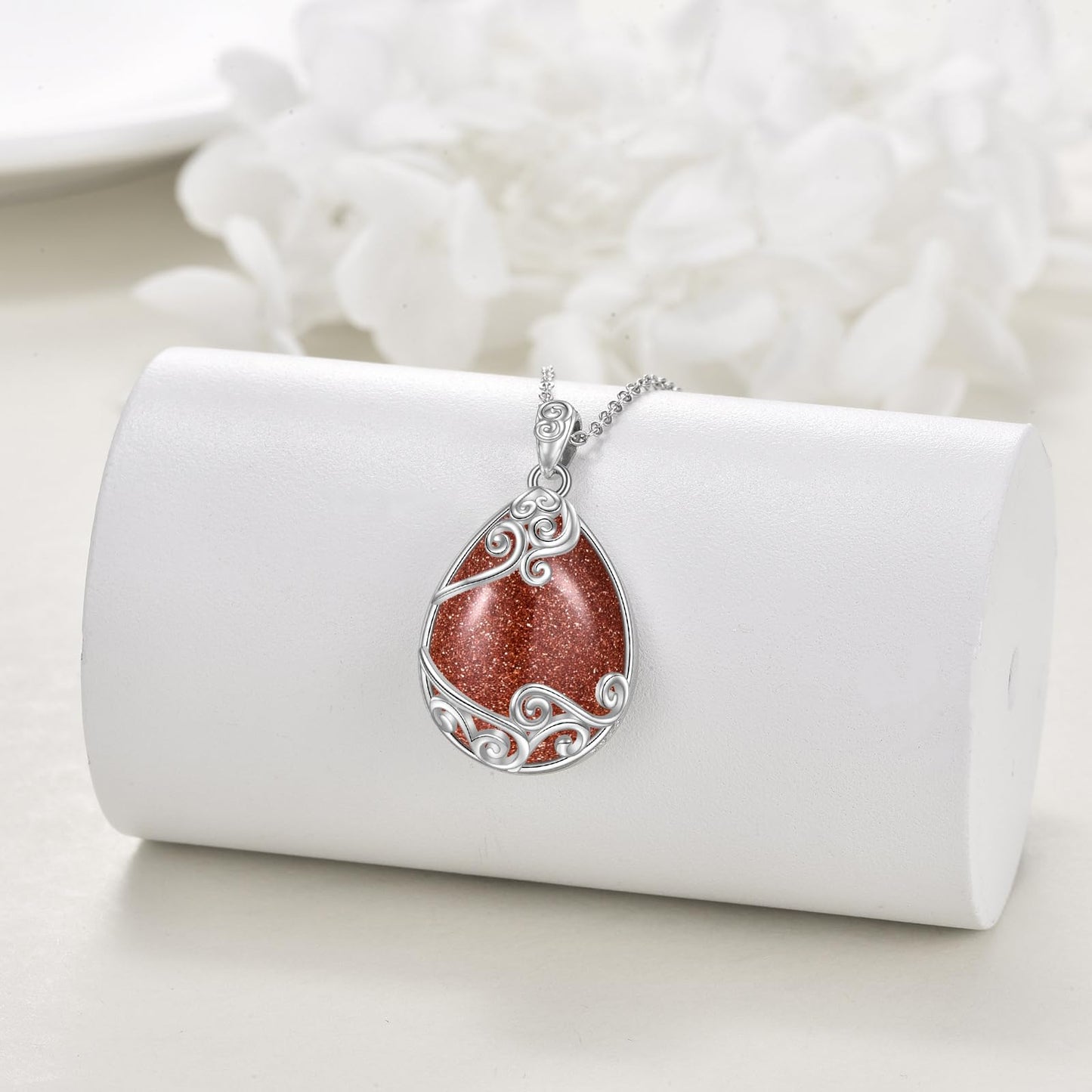 YAFEINI 925 Sterling Silver Gold Sand Stone Filigree Teardrop Necklace for Women
