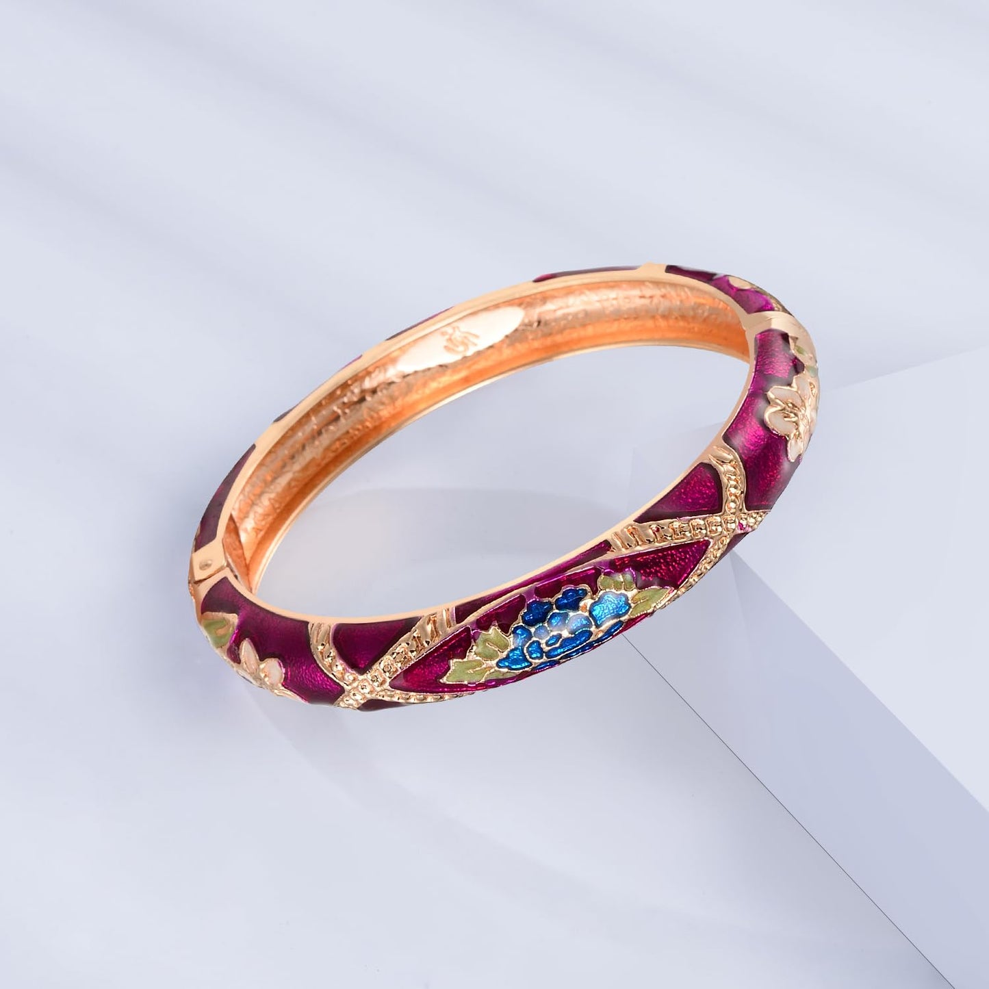 UJOY Womens Multi-Colors Cloisonne Bracelet Gold Plated Flower Enameled Hinged Cuff Bangles Jewelry Gift 55A-3PCS Purple