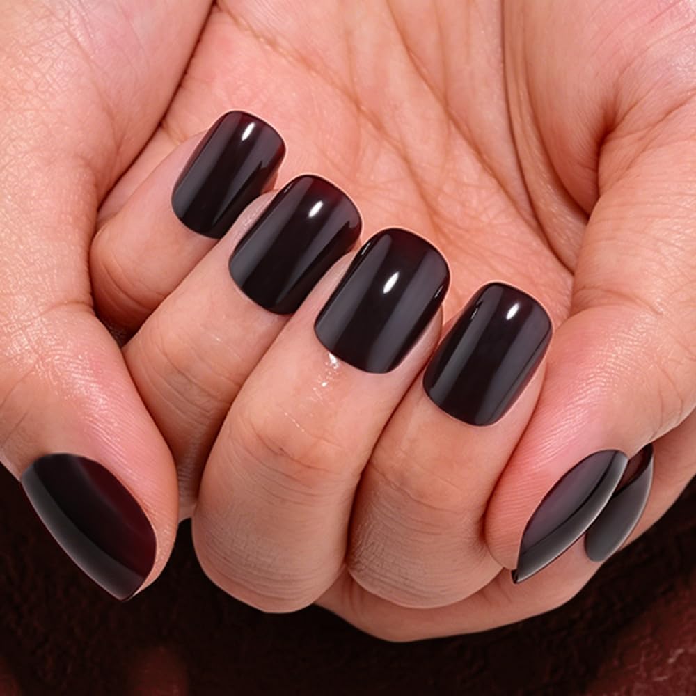 evpct Dark Coffee Glossy Squoval Short Press on Nails for Women, Coffee Extra Short Squoval No Glue Stick on Nails with Kit, Reusable Full Cover Soft Press on Fake Nail Salon-quality Perfectly Fit