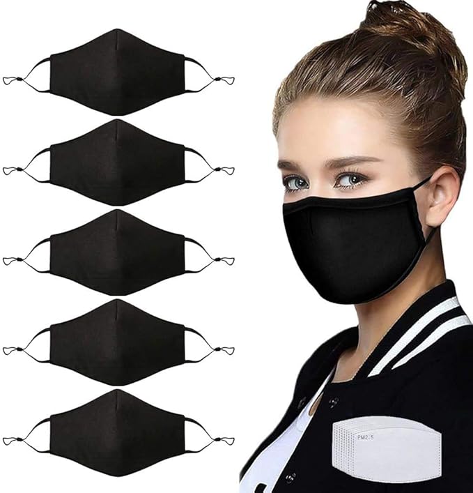 NBDIB Adult Adjustable Face Protection with Filter Pocket and Nose Wire Black Breathable Cloth Mask with 10Pcs Filters
