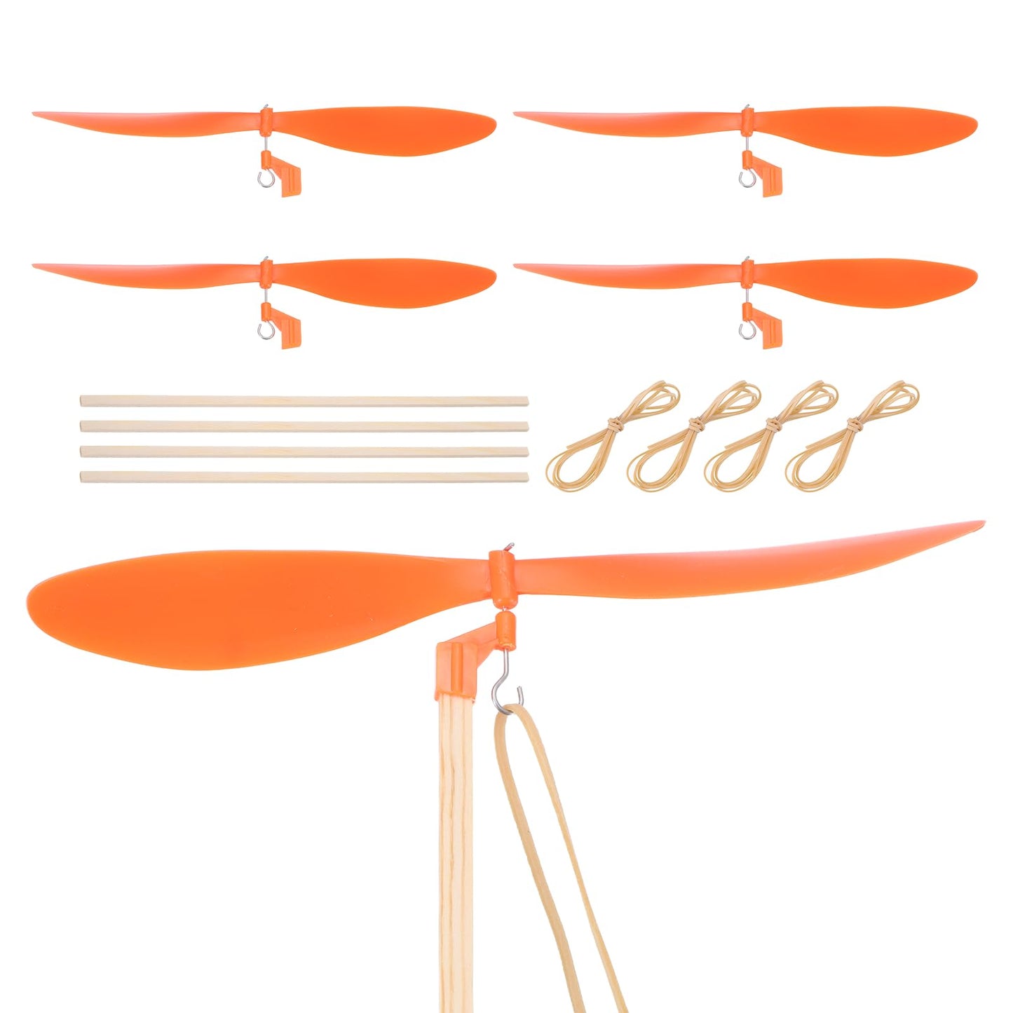MECCANIXITY Plastic Propeller, Propeller Props Blade with 12" Wood Rod Rubber Band Helicopter Kit 7" Fold Resistant for STEM Activities Powered Airplanes DIY Science(Orange, Pack of 5)