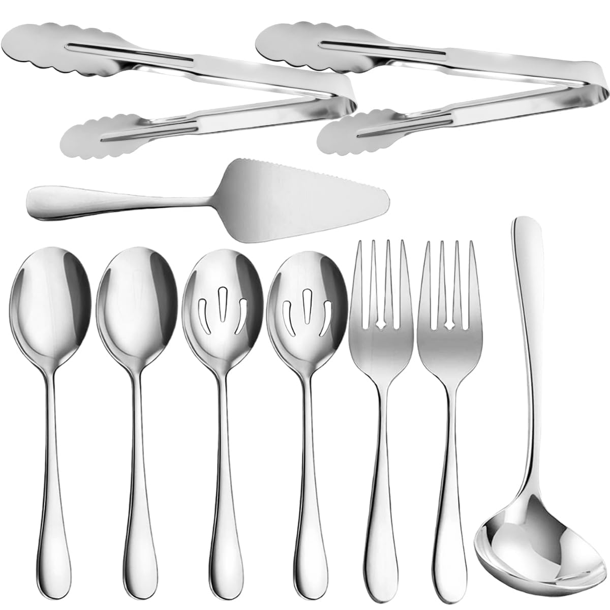 10 Pieces Serving Utensils Include Serving Spoons,Slotted Serving Spoons,Serving Forks,Serving Tongs,Soup Ladle and Pie Cake Server for Buffet Catering Banquet Party(Silver)