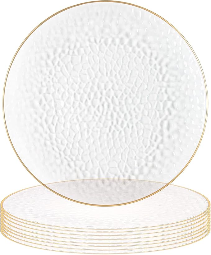 PARTY BARGAINS 13-Inch Charger Plates - 8 Pack, Hammered Clear Gold Rim, Heavy-Duty Disposable Chargers for Elegant Dining - Ideal for Weddings and Formal Events