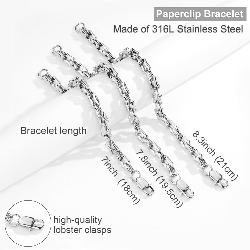 AIAINAGI Silver Link Chain Bracelets for Women Men 7mm Stainless Steel Paperclip Bracelets Rectangle Solid Chunky Chain 7/7.8/8.3Inches Unisex Wrist Jewelry Gift for Mother(7inch)