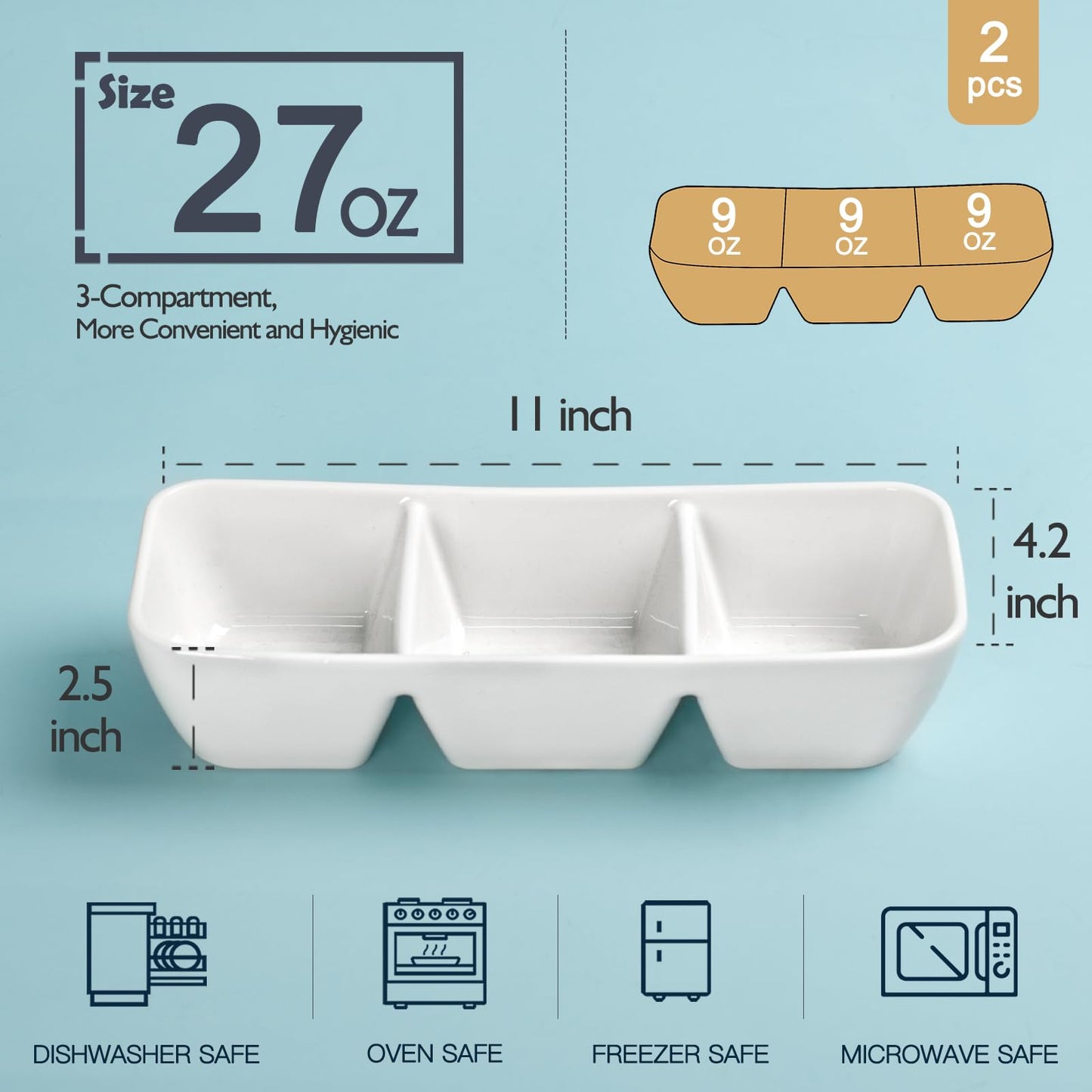 LUFILUFI Ceramic Divided Serving Tray 11 Inch, 3 Compartment White Condiment Tray Set of 2, Stackable Chip and Dip Serving Dish for Entertaining, Appetizer Snack Platter for Party Holiday Game Day
