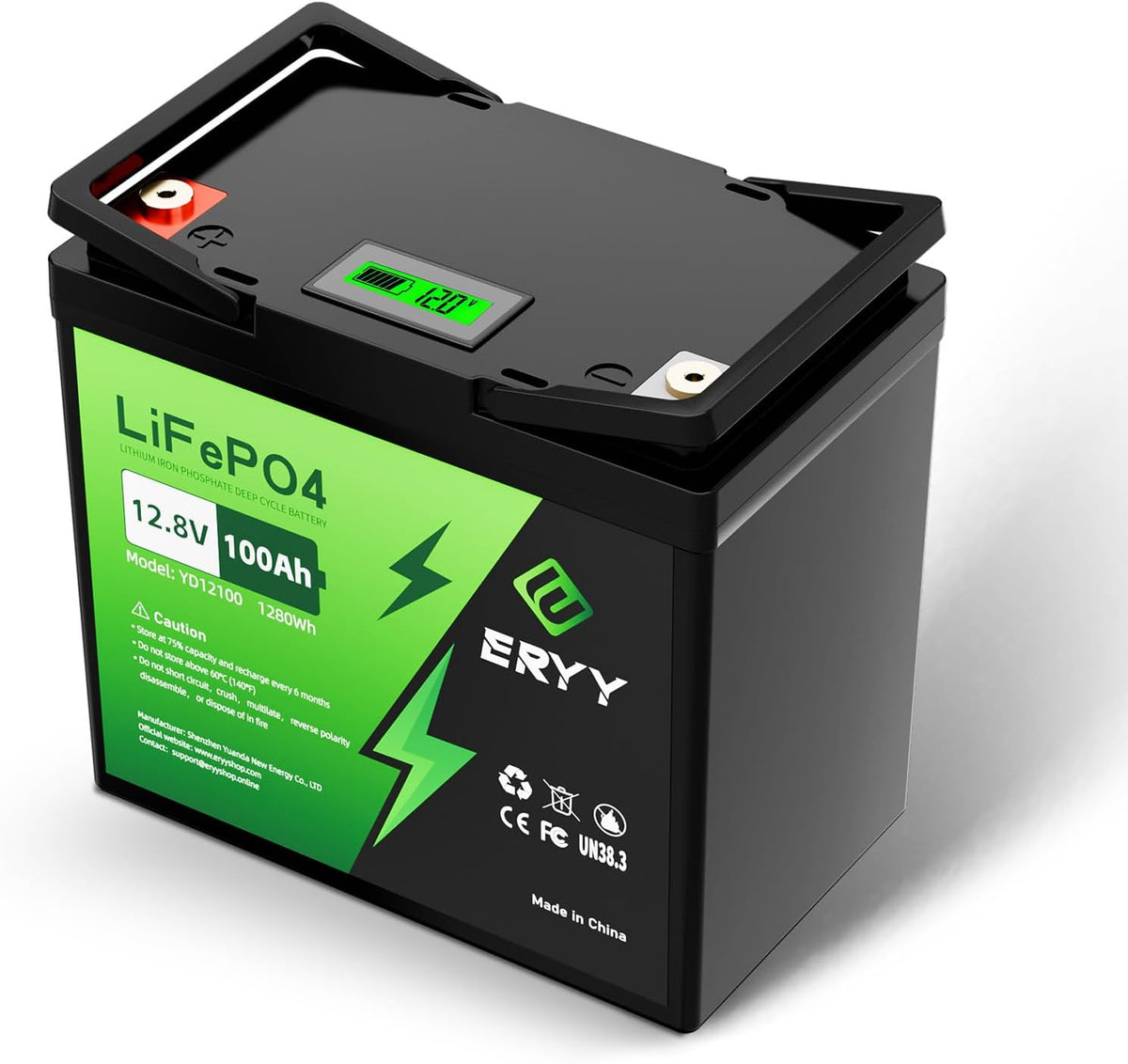 12V 100Ah LiFePO4 Battery, High Density 100Ah Lithium Battery 12v with 100A BMS, VoltMeter, 5000+ Rechargeable Deep Cycle Marine Battery for RV, Boat, Kayak, Trolling Motor, Golf Cart (Mini Size)
