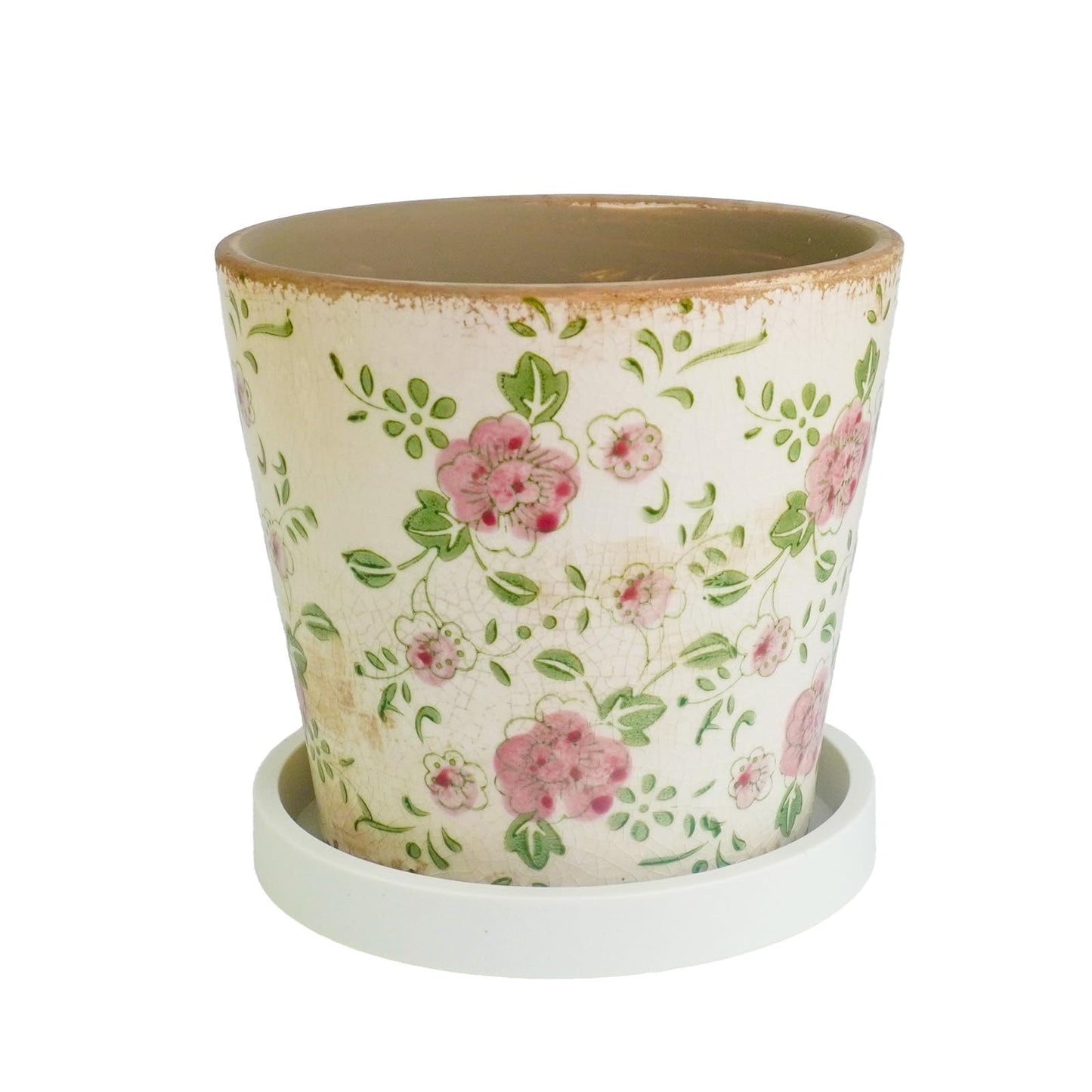 ENIPEDITA 1 Pcs Farmhouse Ceramic Planter with Drainage Hole 5.5 Inch Crack Beige Red Rose Flowers Plant Pots Rustic Antique Decor Gift Large Plants Pot for Kitchen Indoor