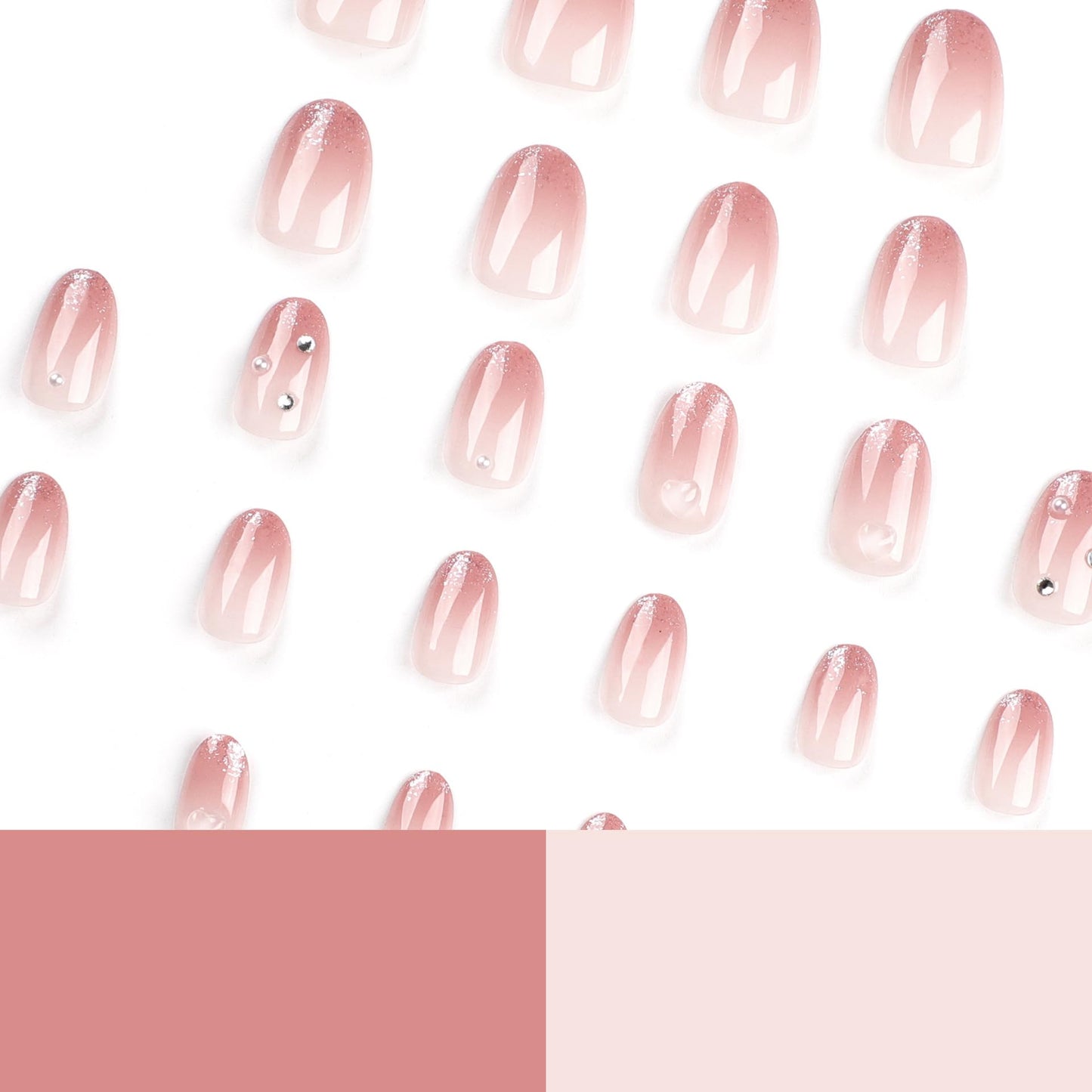 ORZOLATENT Medium Oval Press on Nails - Nude Pink Jelly Gradient Glitter False Nails, Fairy Shimmer Acrylic Nails with Rhinestones & Adhesive Tabs, Elegant Salon Finish for Brides (24 Pcs)