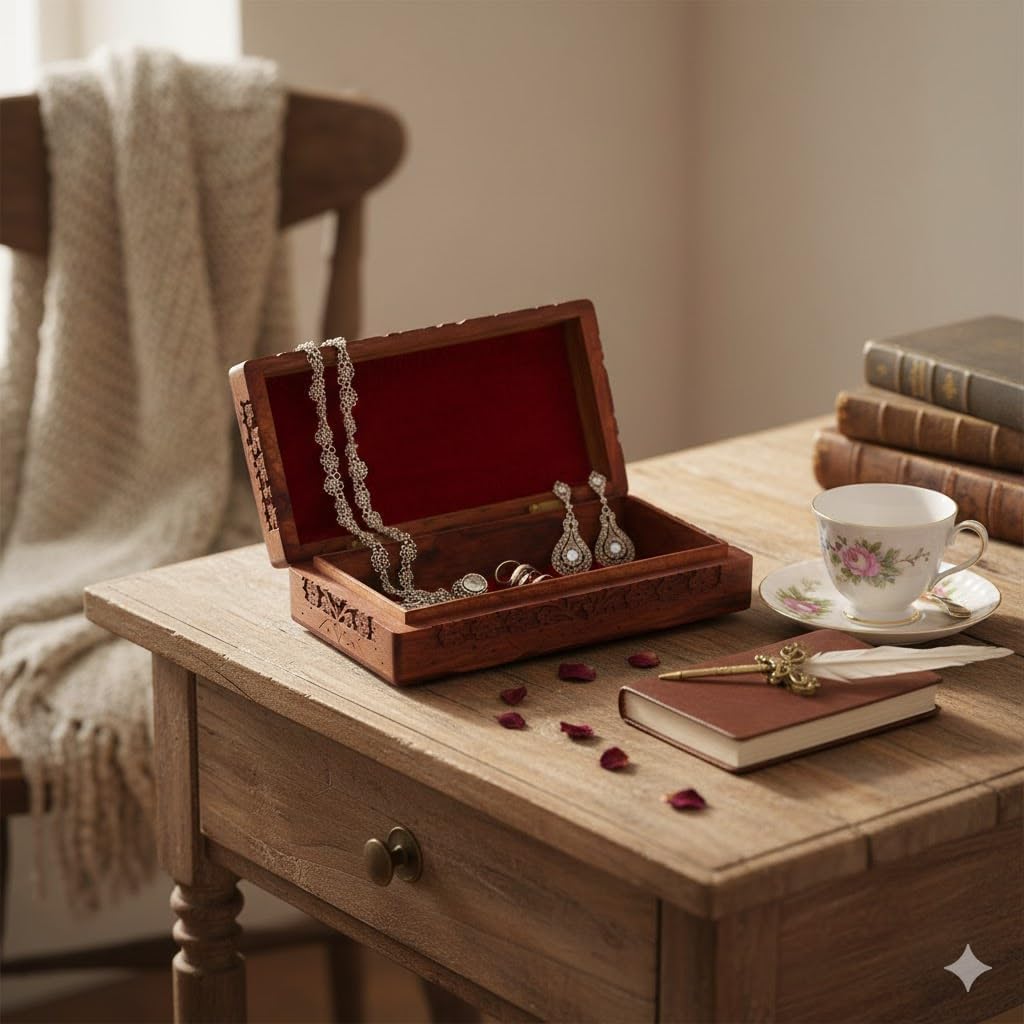Serenz, Hand Carved Wooden Jewelry Box – Decorative Storage Box for Jewellery, Trinkets, Rings, Earrings, Keepsakes & Gift Items – Multipurpose Wooden Organizer