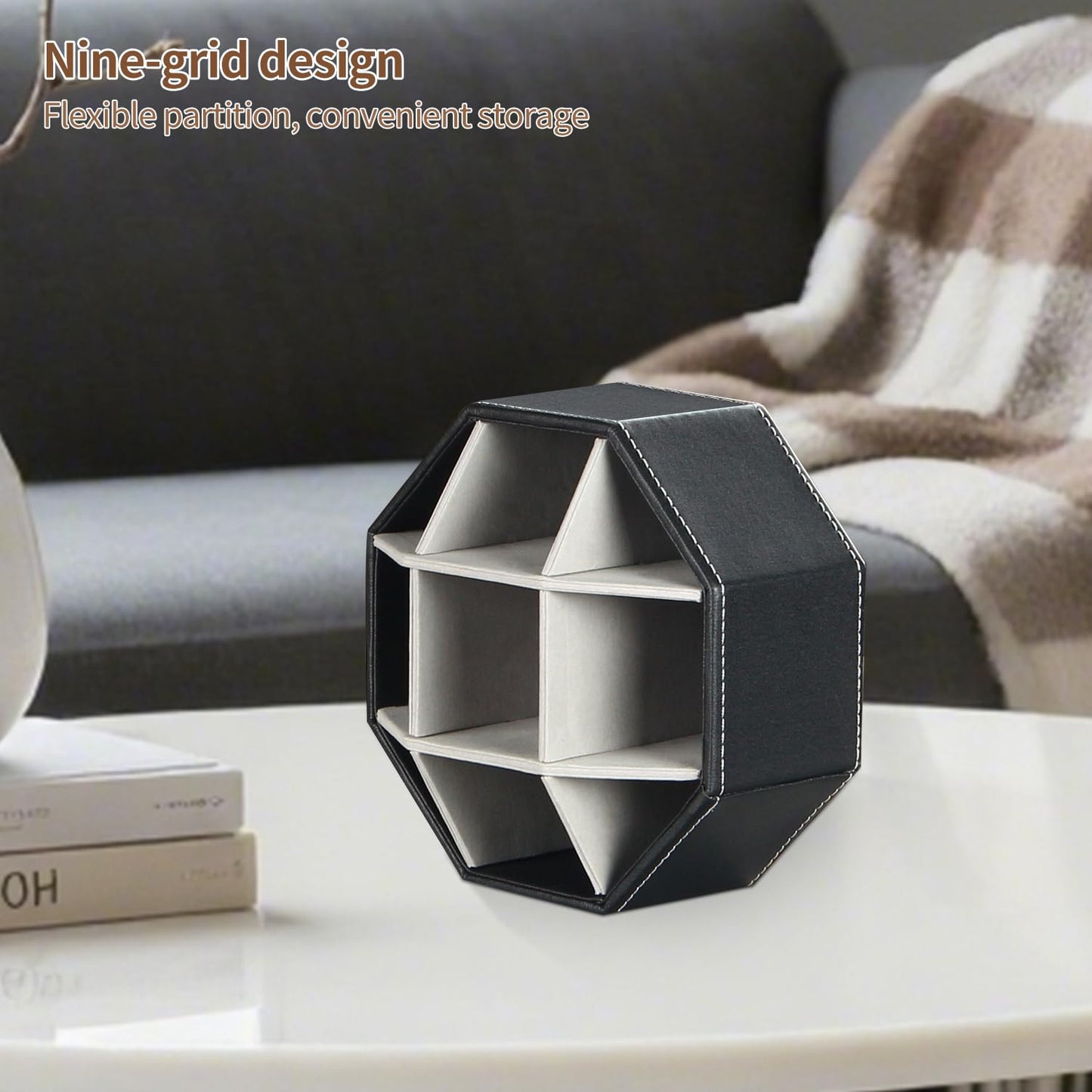 Remote Control Holder, Swivel 9 Rooms Desk Organizer and Decorations for Living Room, Leather Bedside Storage Caddy for TV Controllers/ Makeup Brush Pen/ Office Stationery/ Art Supplies/ Eyeglasses