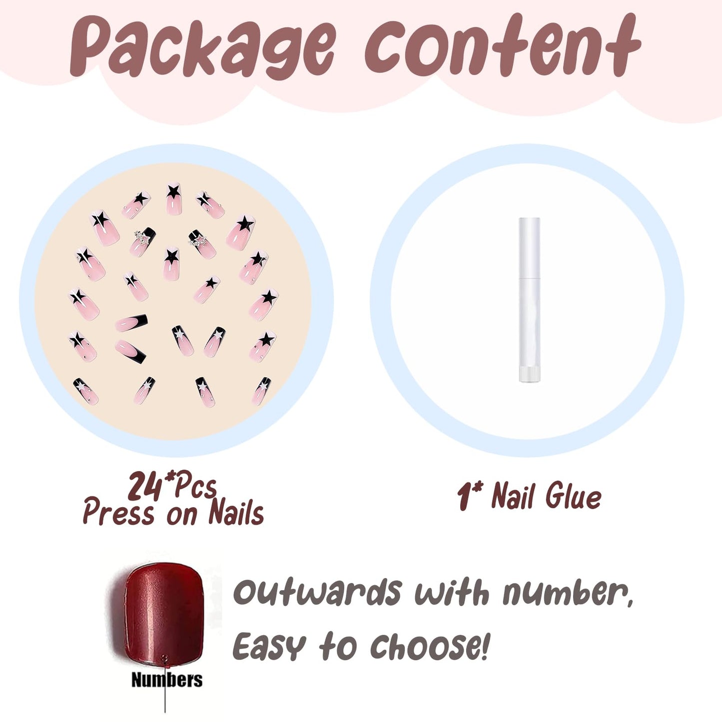 BABALAL French Tip Press on Nails Medium Square Fake Nails Black Pink Glue on 3d Star Charm 24Pcs Rhinestone Squoval Artificial Cute False Acrylic Nails for Women and Girls