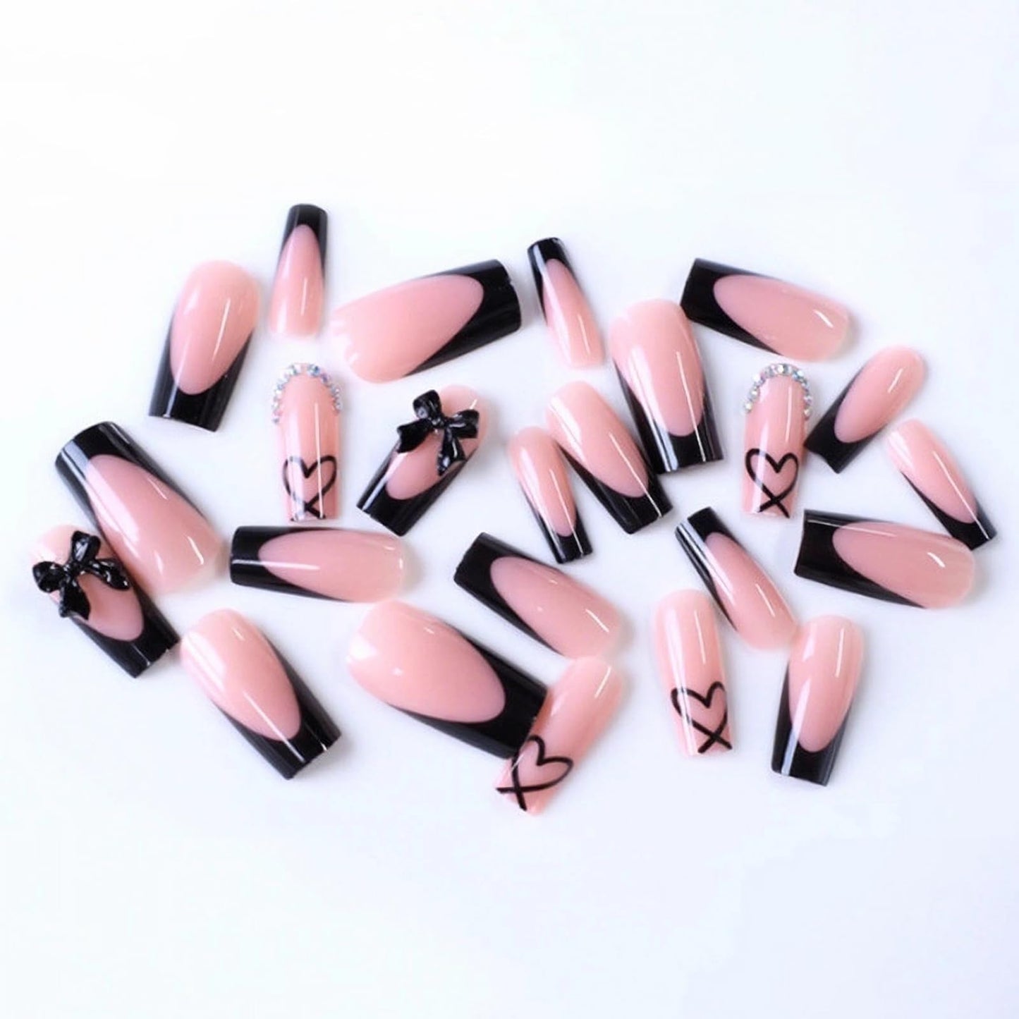 MISUD Press on Nails - Long Square Glue on Nails with Black French Tip, Acrylic Heart Bow Design 24 pcs