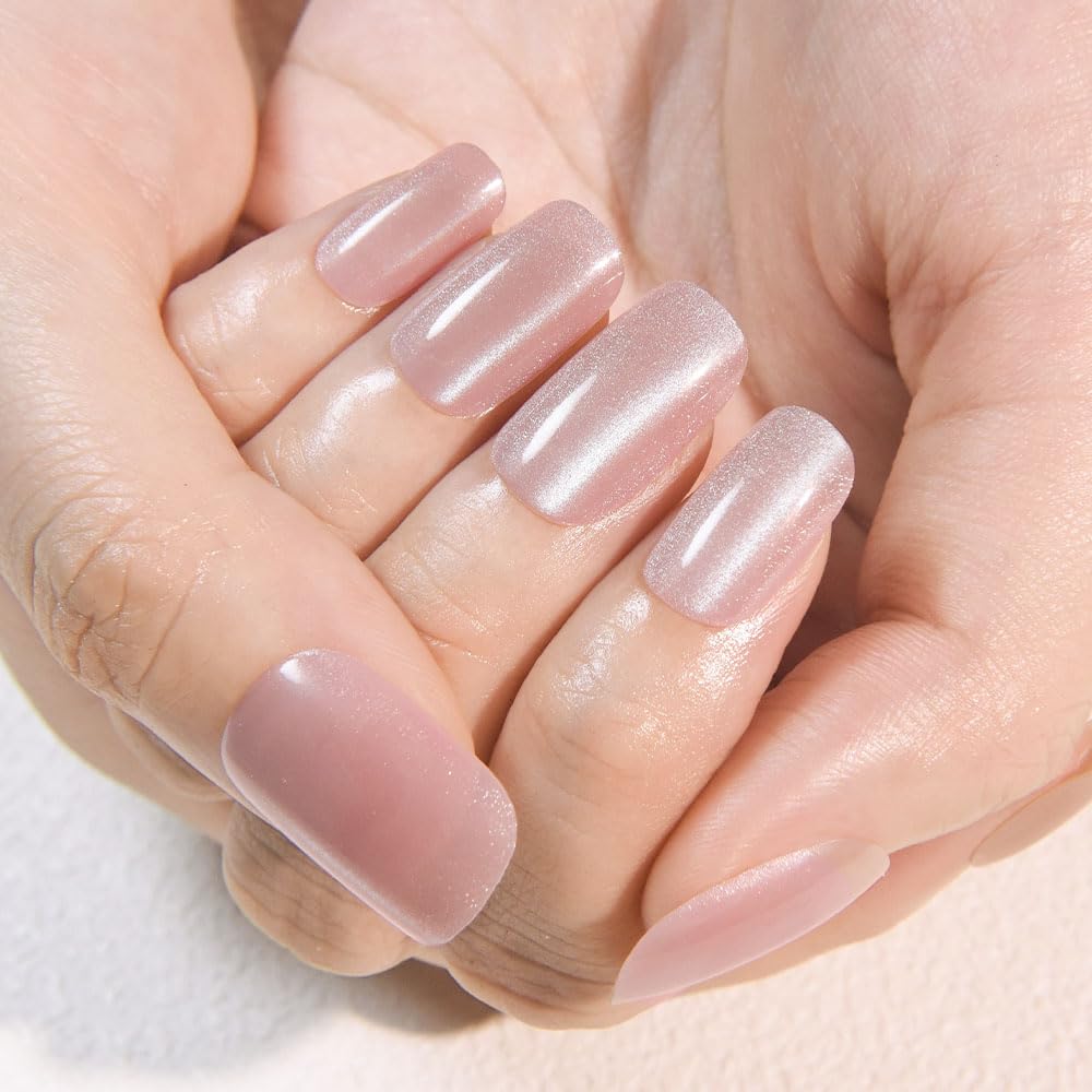 evpct Light Nude Cat Eye Press on Nails Medium Square No Glue, Medium Square Press Stick on Nails Chrome for Women, Nude Holographic Glitter Glossy Reusable Soft Acrylic Fake Nail with Cateye Design