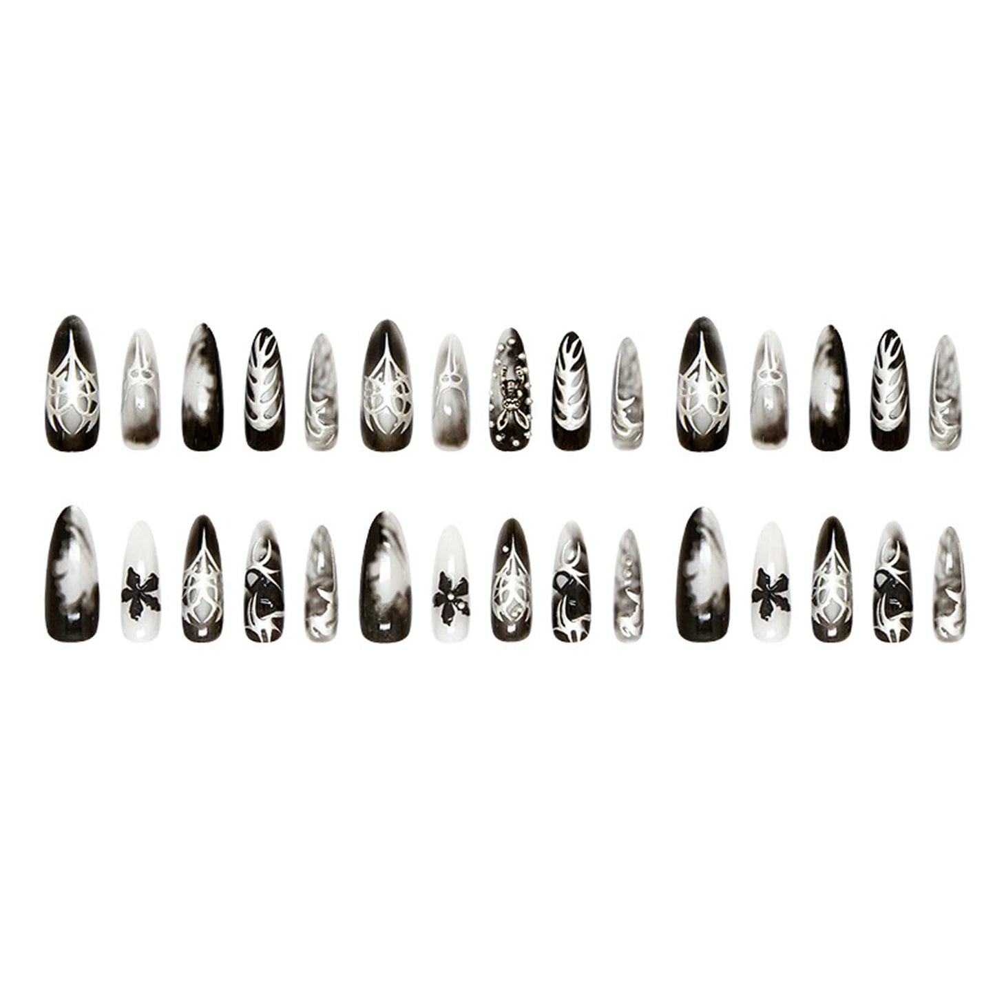 30Pcs Black Smudge Press on Nails Long Almond Fake Nails 3D Flower & Rabbit Design False Nails Chrome Silver Acrylic Nails Silver Metal Irregular Line Full Cover Y2K Star Heart Stick on Nail for Women