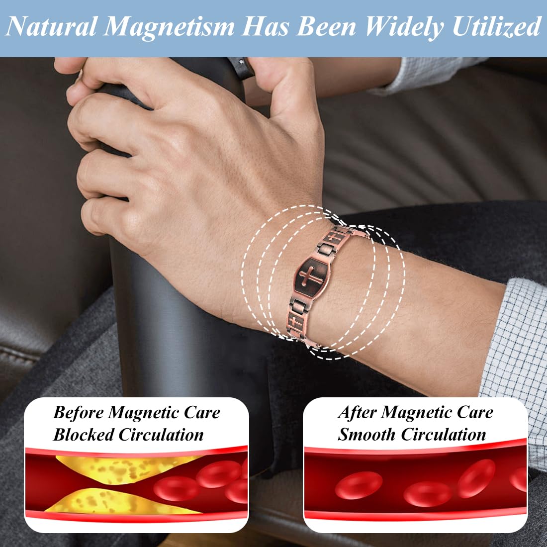 Vicmag 2PCS Men Copper Magnetic Bracelets for Couple Double Row 99.9% Solid Pure Copper Cross Bracelet Gift with Adjustment Tool