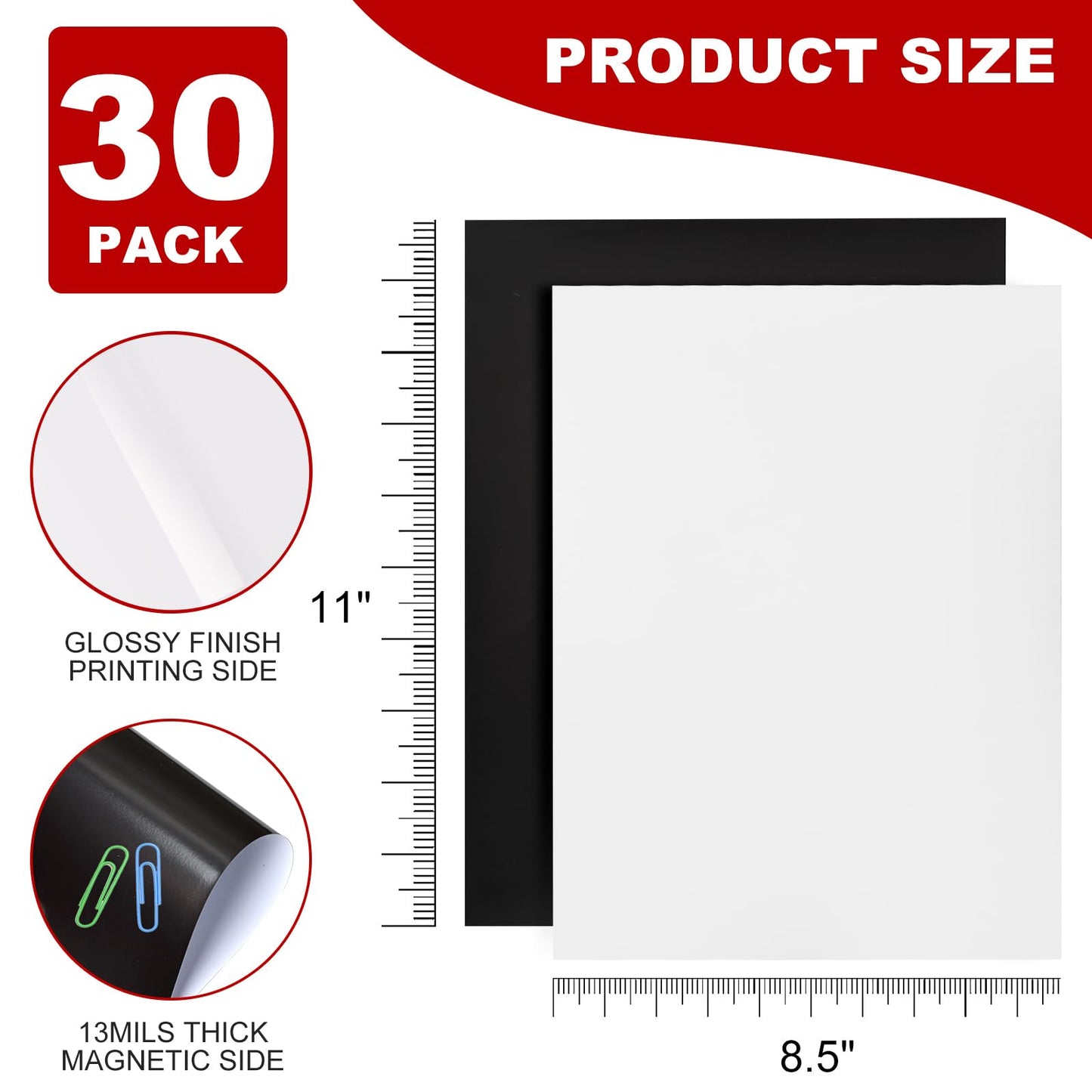 Thaibear Printable Magnetic Sheets, 8.5" x 11", 30 Pack Glossy Magnet Printer Paper for Inkjet, Flexible Magnetic Printer Paper for Fridge, Crafts - Peel and Stick Magnetic Tape