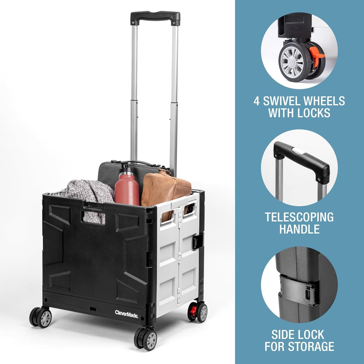 CleverMade Collapsible Storage Bin (100% Recycled) - 62L - Stone (3PK) and Wheeled Trolley Crate - 35L (4 Wheels) - Black/Cream [Cool Gray 1C] Bundle
