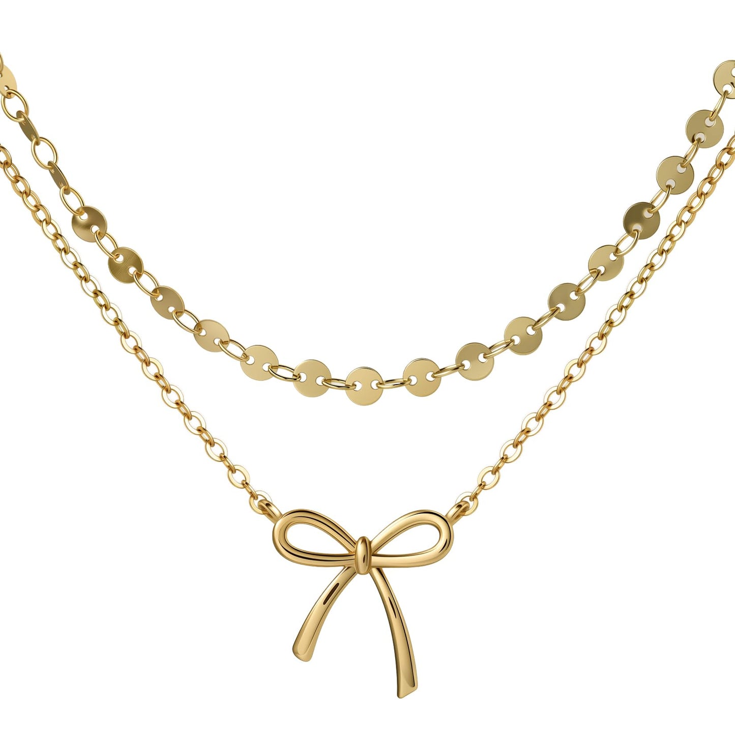 MSCHA HOME Gold Necklace for Women Stack Trendy Non Tarnish Disc Choker Chain Bow Pendant 14K Gold Plated Simple Dainty Double Layered Jewelry Set Gift