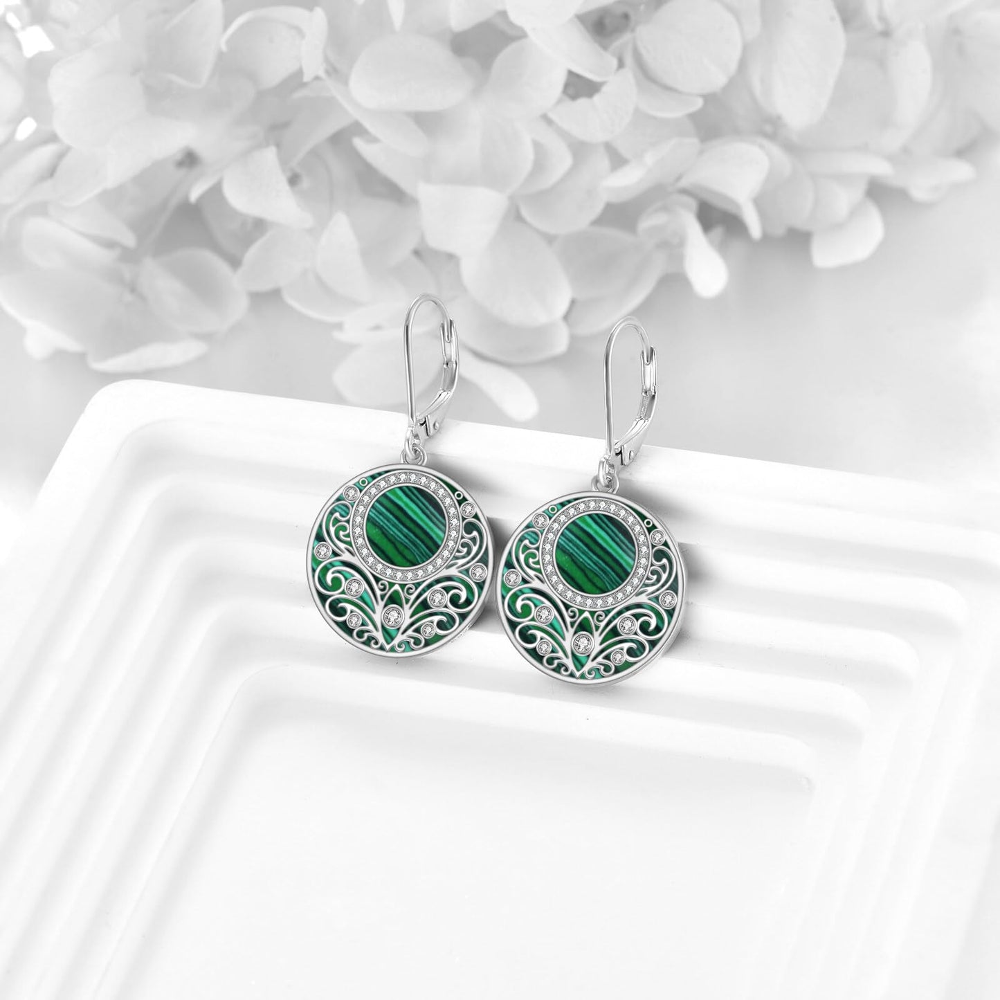Malachite Drop Earrings Sterling Silver Filigree Leverback Earrings Green Circle Dangle Jewelry Gifts For Women