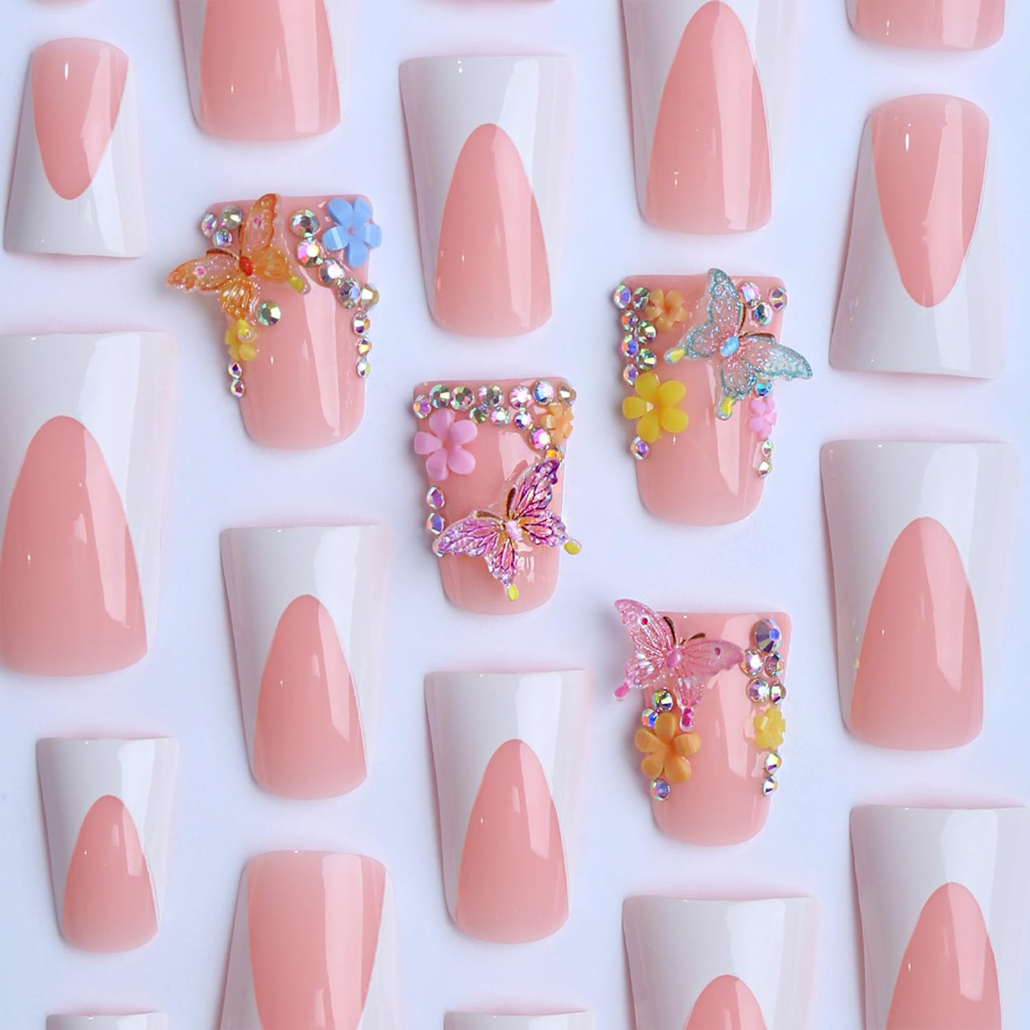 Duck Press on Nails Medium Fake Nails with Butterfly Rhinestones Designs White French Tip False Nails Press ons Spring Summer Flower Stick on Nails for Women Salon Quality Manicure Set