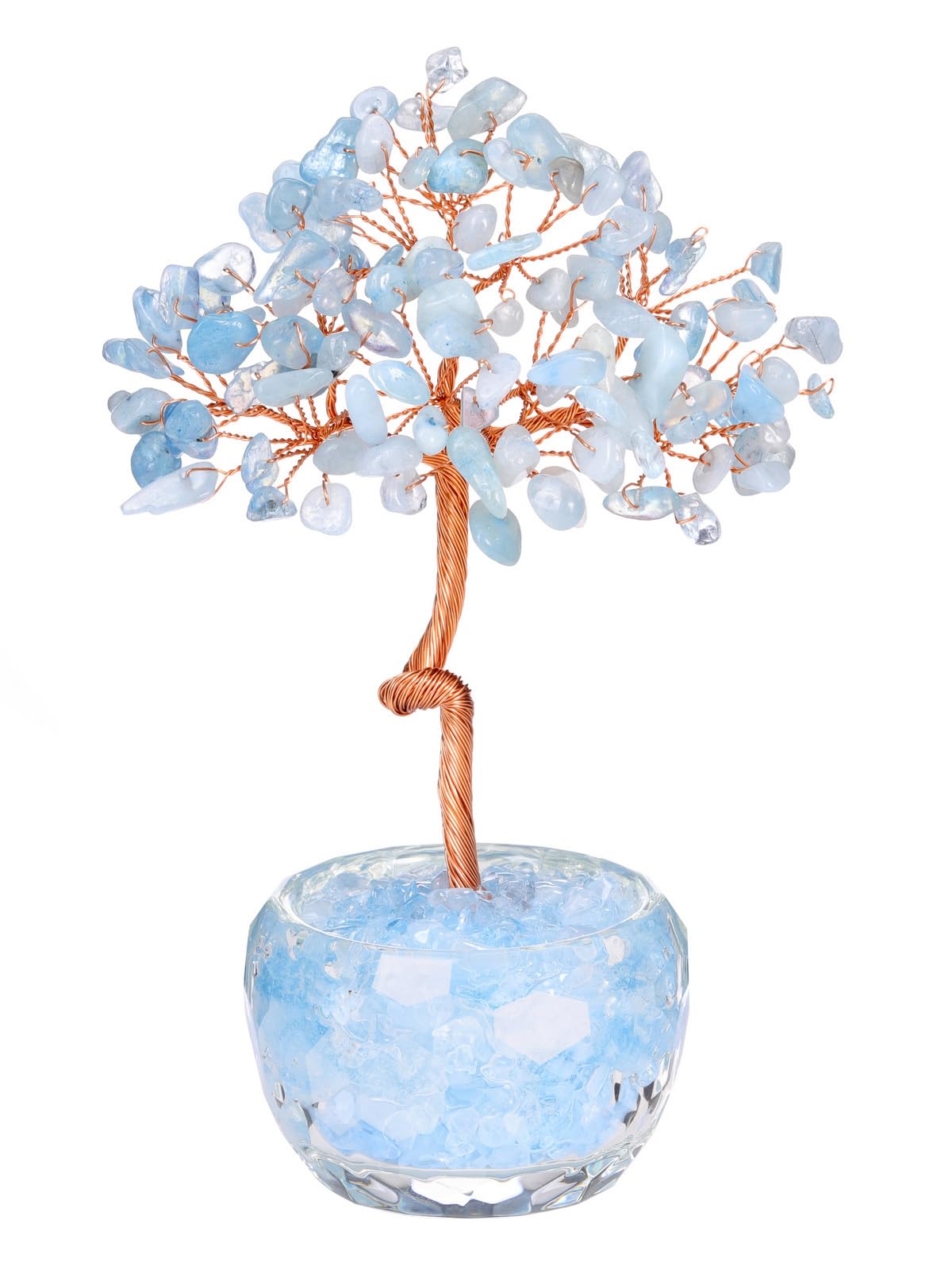 Top Plaza Healing Crystals Aquamarine Crystal Tree with Glass Base Handmade Natural Gemstone Life Tree Mini Bonsai Money Trees Good Luck Home Office Desk Decor
