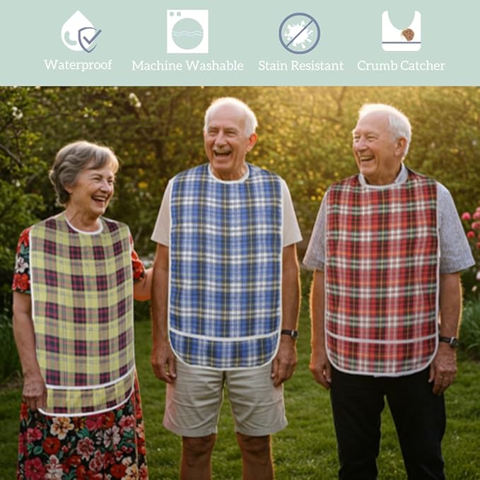 Modaliv 3-Pack Adult Bibs – Waterproof, Reusable Eating Aprons with Crumb Catcher, Machine Washable Clothing Protectors for Seniors, Elderly & Special Needs